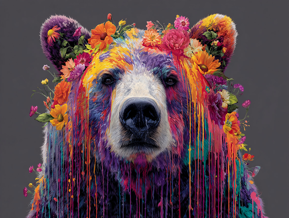 Artwork of a realism bear covered in rainbow color with a flower crown and dripping paint around it.
