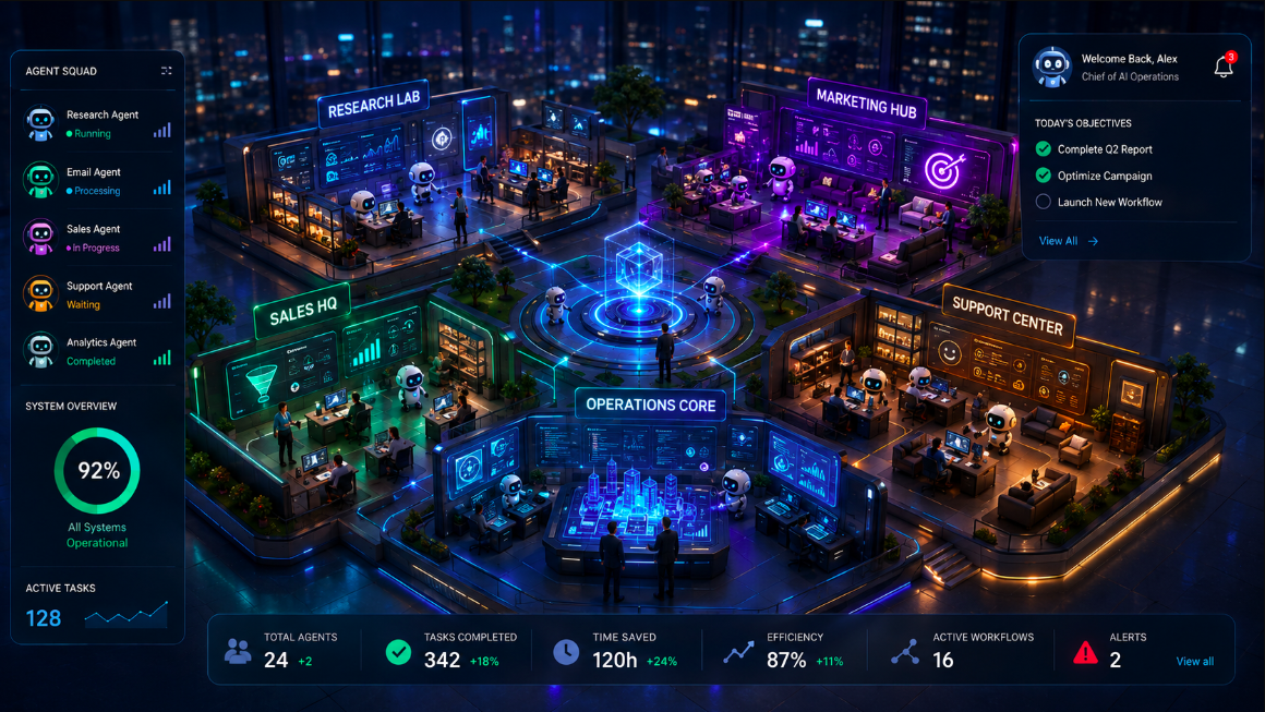 Interactive gamified AI workspace with human employees and AI agents