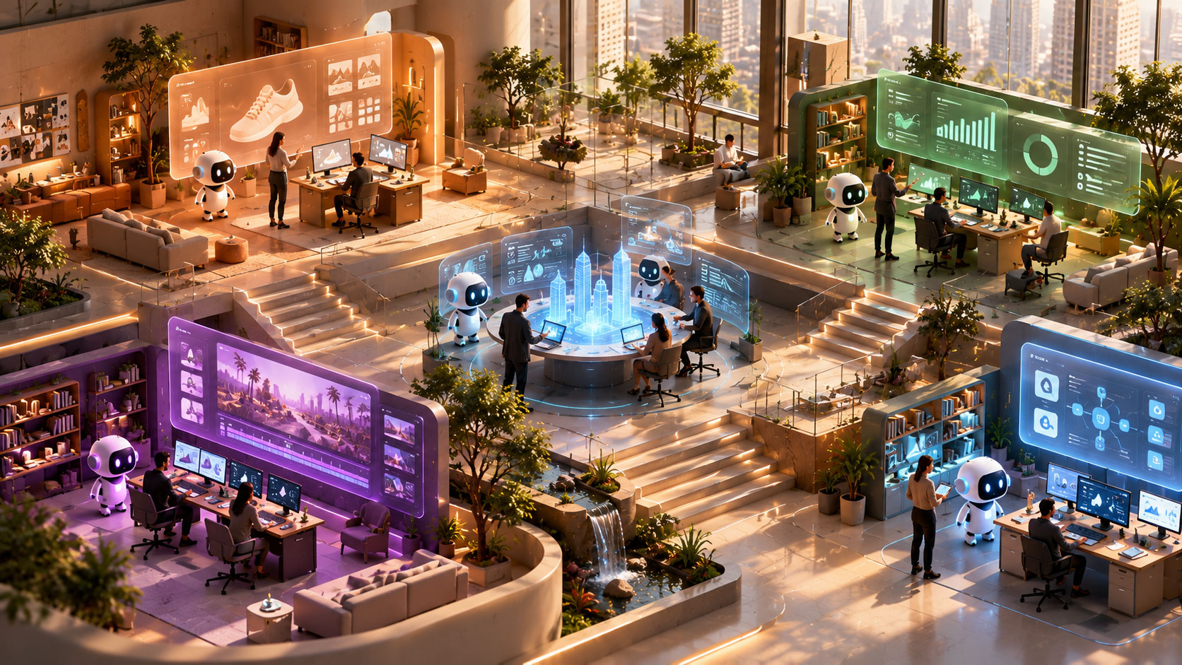 Immersive 3D workspace visualizing collaboration between human employees and AI agents through gamification