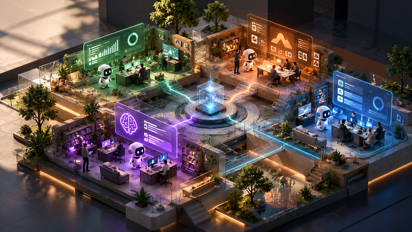 Gamified AI agent dashboard featuring interactive digital workspaces, visual AI agents and connected workflows