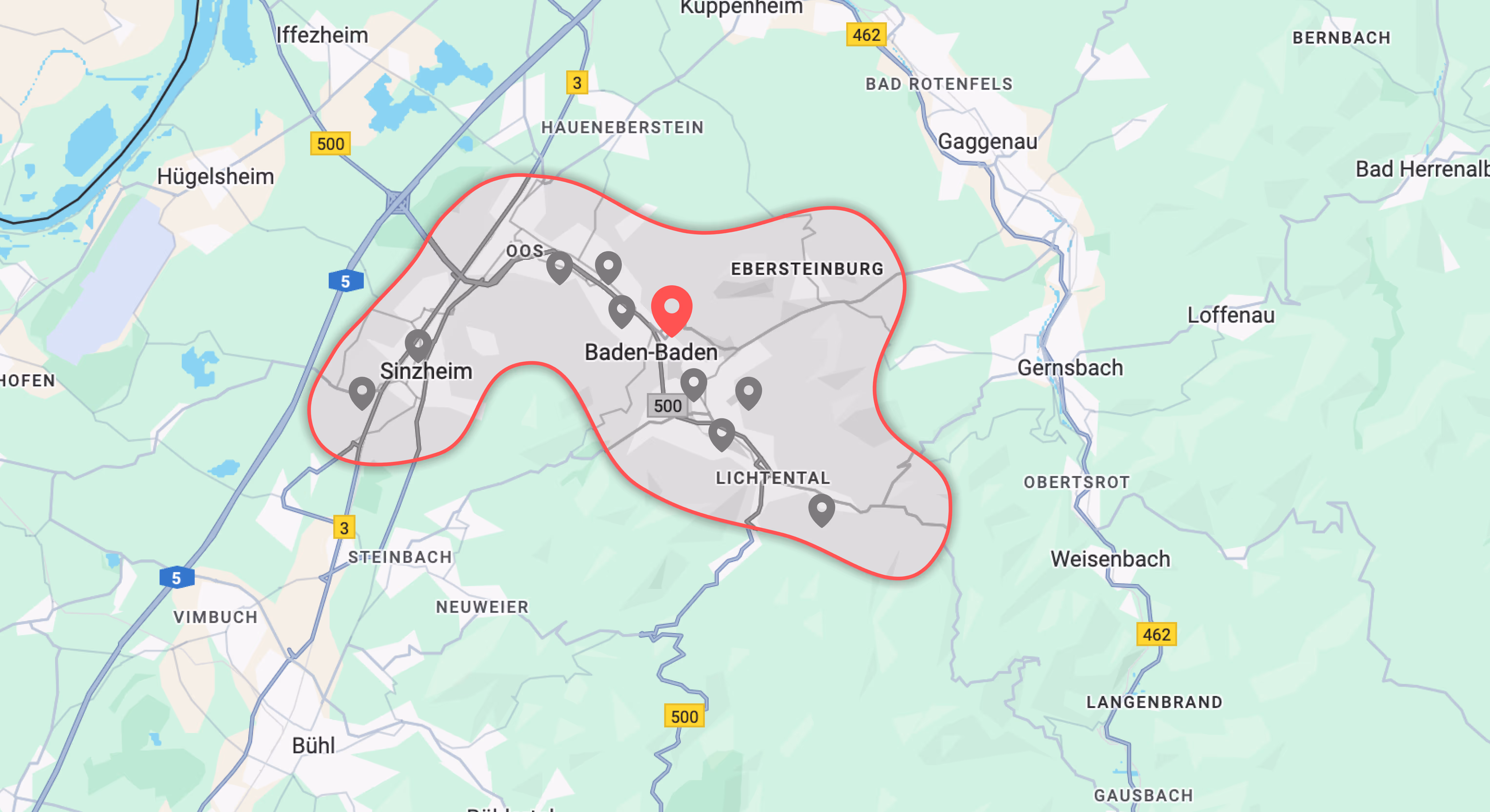 Karte von Baden-Baden mit markierter Region – SocialEdge arbeitet exklusiv pro Branche und Gebiet: Nur ein Unternehmen je Region, kein Wettbewerb zwischen Kunden.