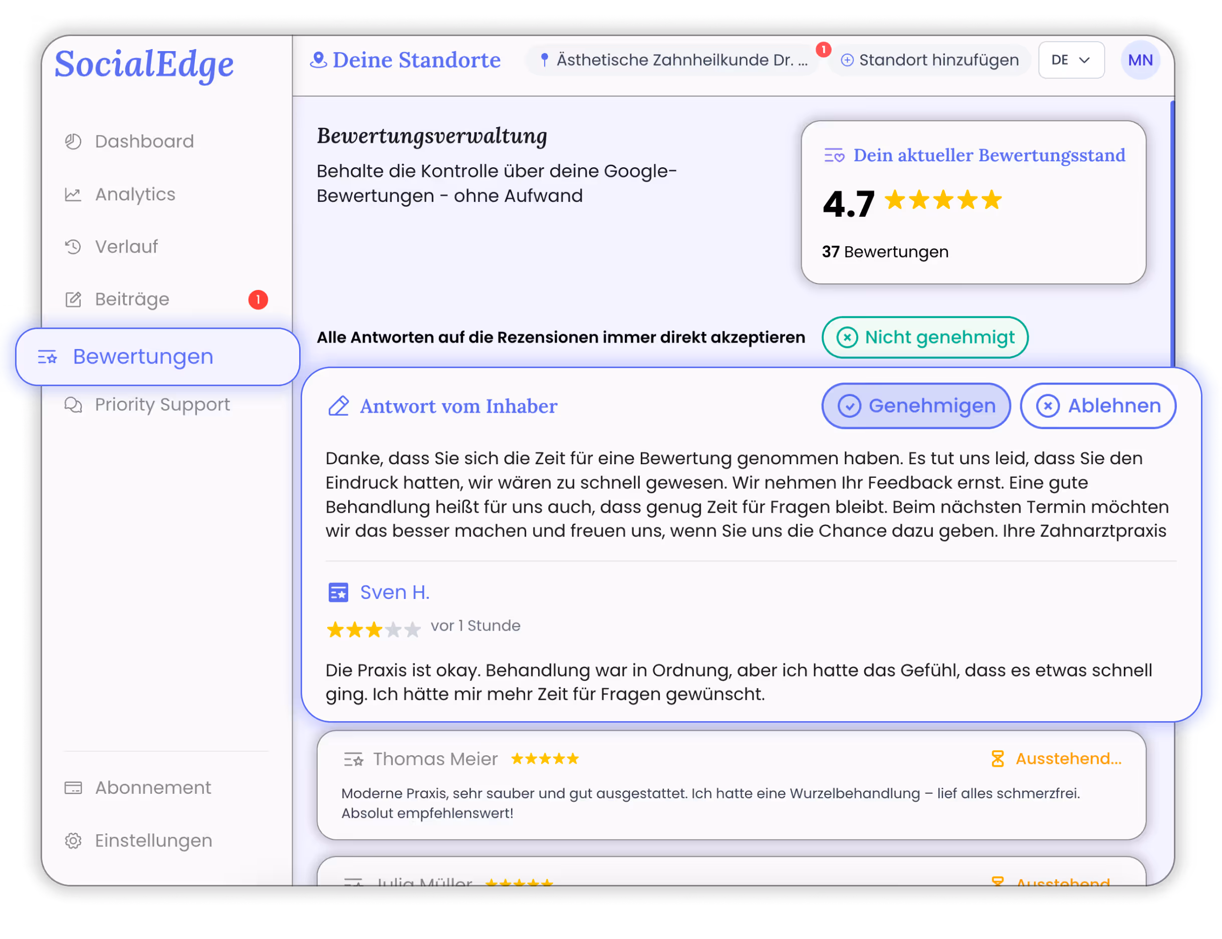 SocialEdge Bewertungsverwaltung – Google-Bewertungen einfach managen: Wir verfassen die Antworten, du genehmigst oder lehnst ab.