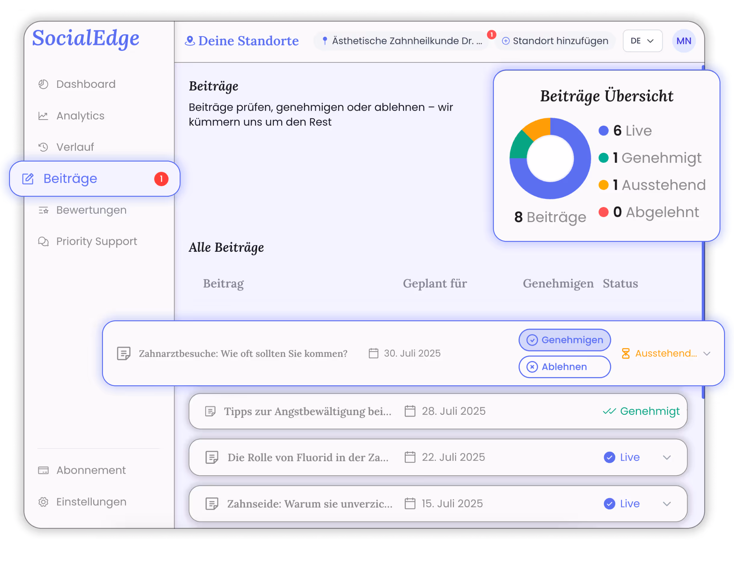 SocialEdge Beiträge-Dashboard – Kunden können Google-Posts prüfen, genehmigen oder ablehnen, inklusive Statusübersicht.