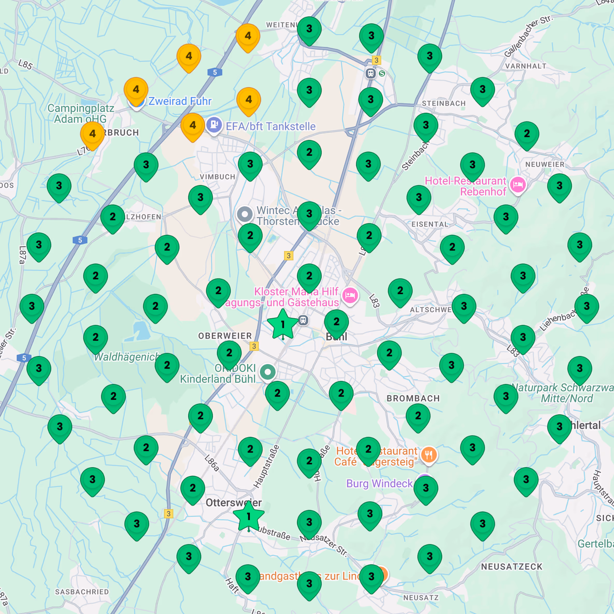 Nachher-Heatmap eines Unternehmens in Bühl: Google-Maps-Ranking mit überwiegend grünen Markierungen für Top-Platzierungen – zeigt starke lokale Sichtbarkeit.