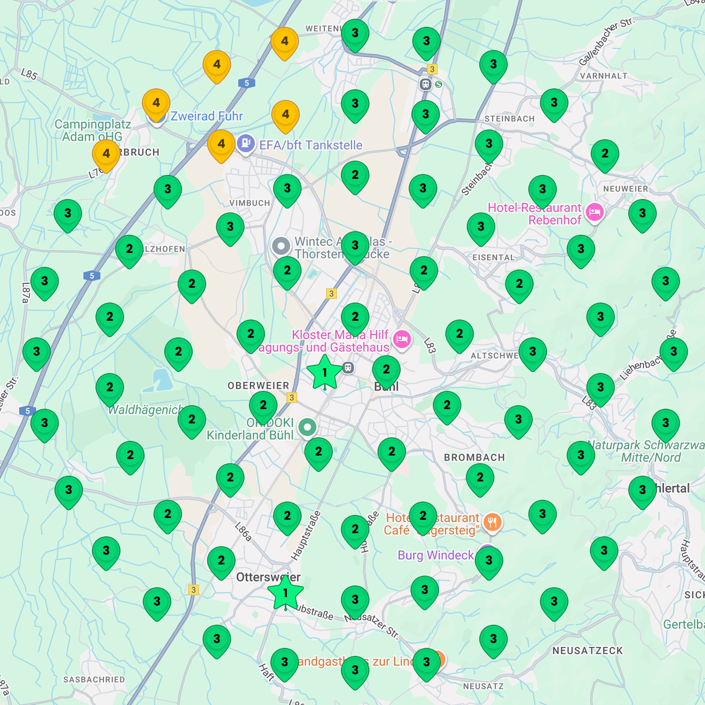 Nachher-Heatmap eines Unternehmens in Bühl: Google-Maps-Ranking mit überwiegend grünen Markierungen für Top-Platzierungen – zeigt starke lokale Sichtbarkeit.