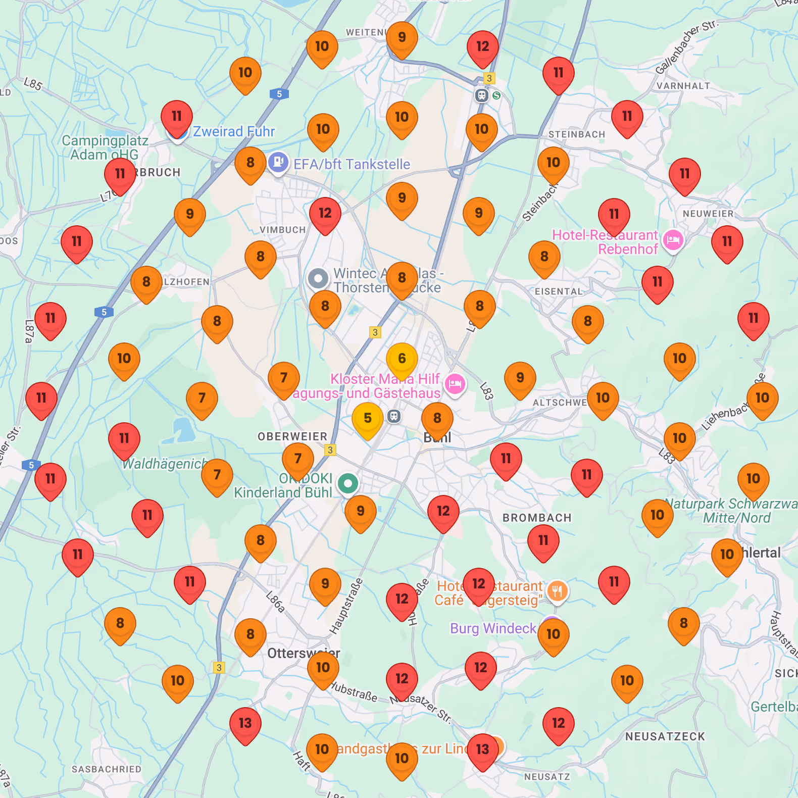 Vorher-Heatmap eines Unternehmens in Bühl: Google-Maps-Ranking mit vielen roten und orangen Markierungen für schlechte Platzierungen, zeigt geringe lokale Sichtbarkeit.