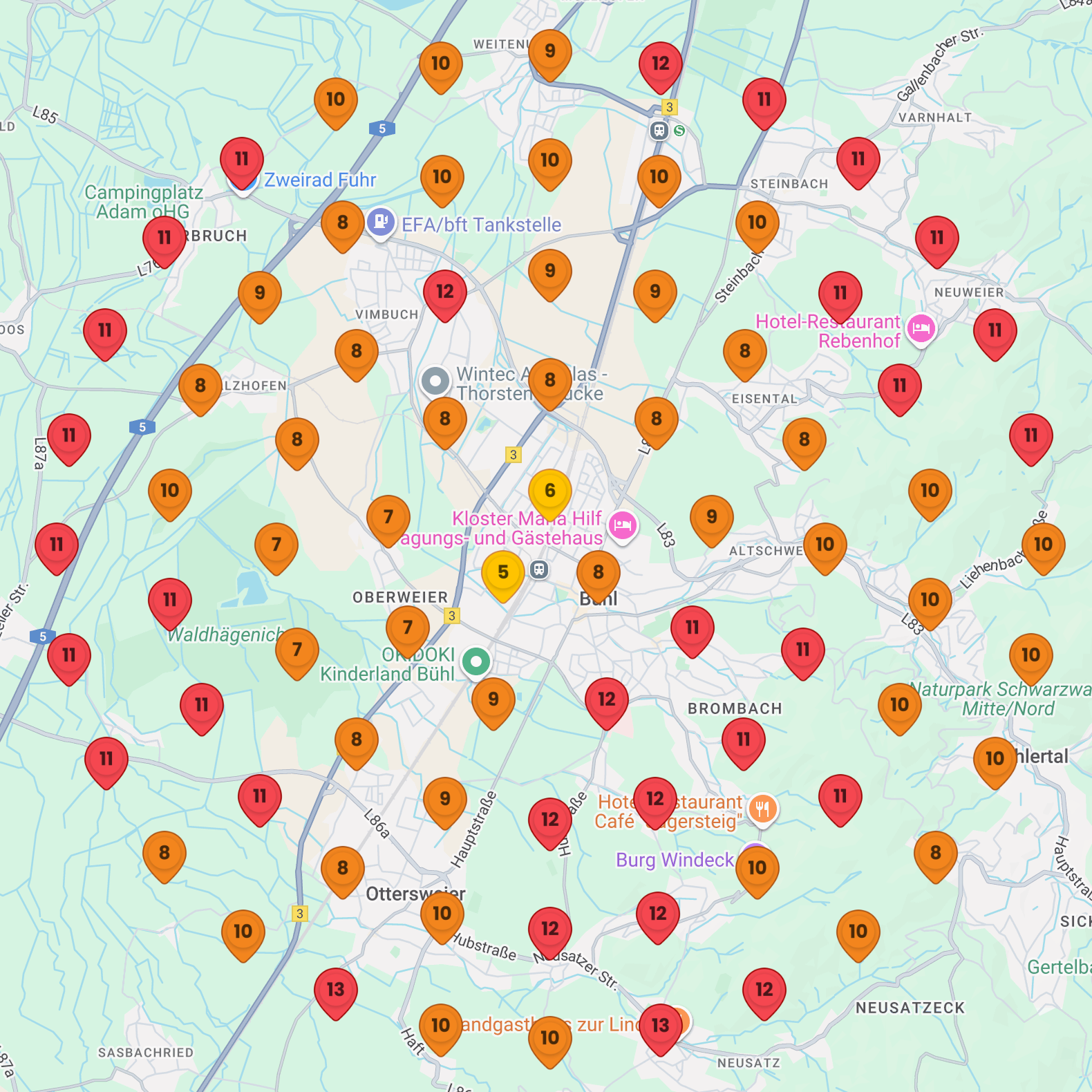 Vorher-Heatmap eines Unternehmens in Bühl: Google-Maps-Ranking mit vielen roten und orangen Markierungen für schlechte Platzierungen, zeigt geringe lokale Sichtbarkeit.