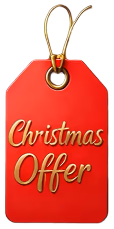 Rotes Preisschild mit goldenem Text 'Christmas Offer' und goldener Schleife.