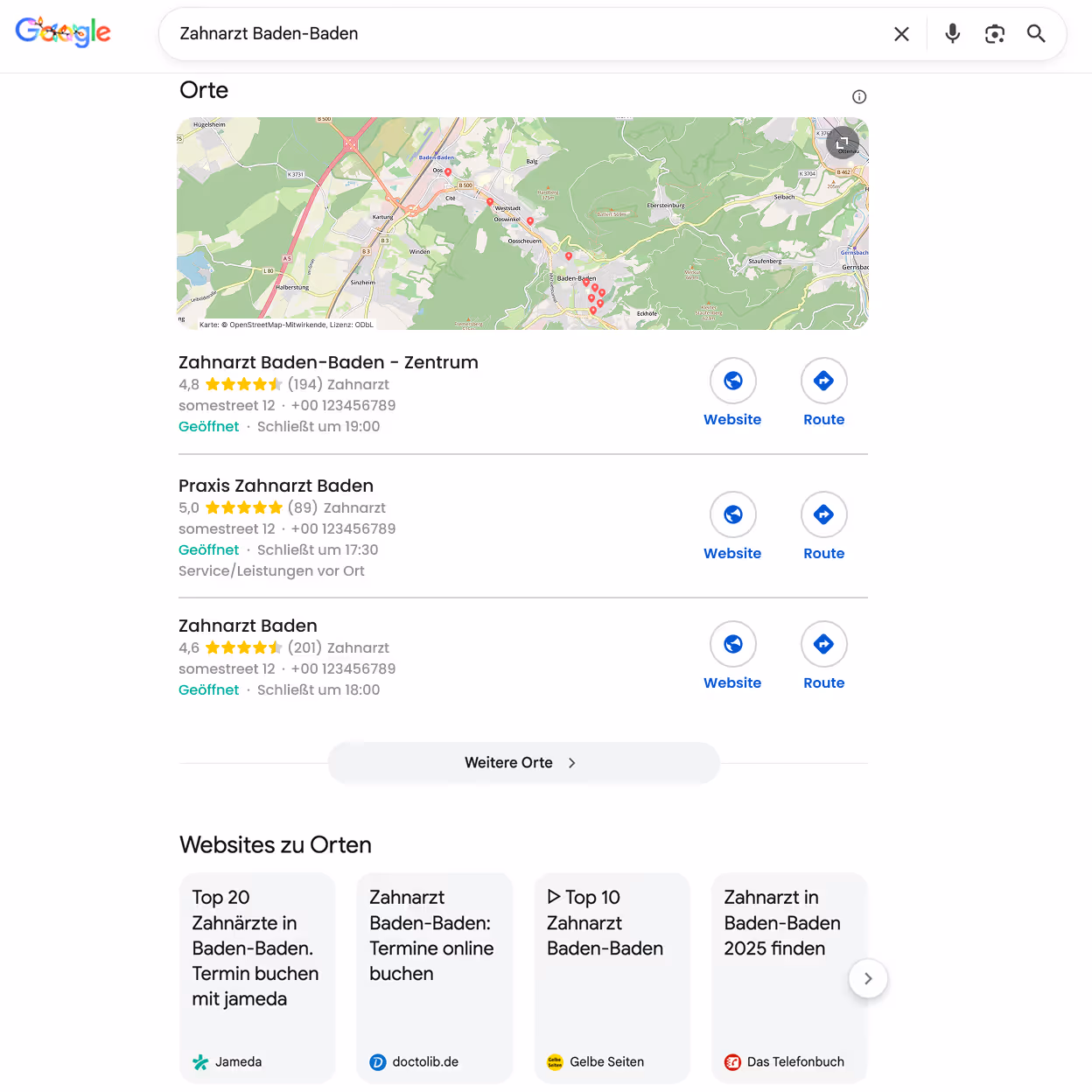 Google-Suchergebnisse für Zahnarzt Baden-Baden mit Karte, drei Praxiseinträgen und Websites zu Orten.