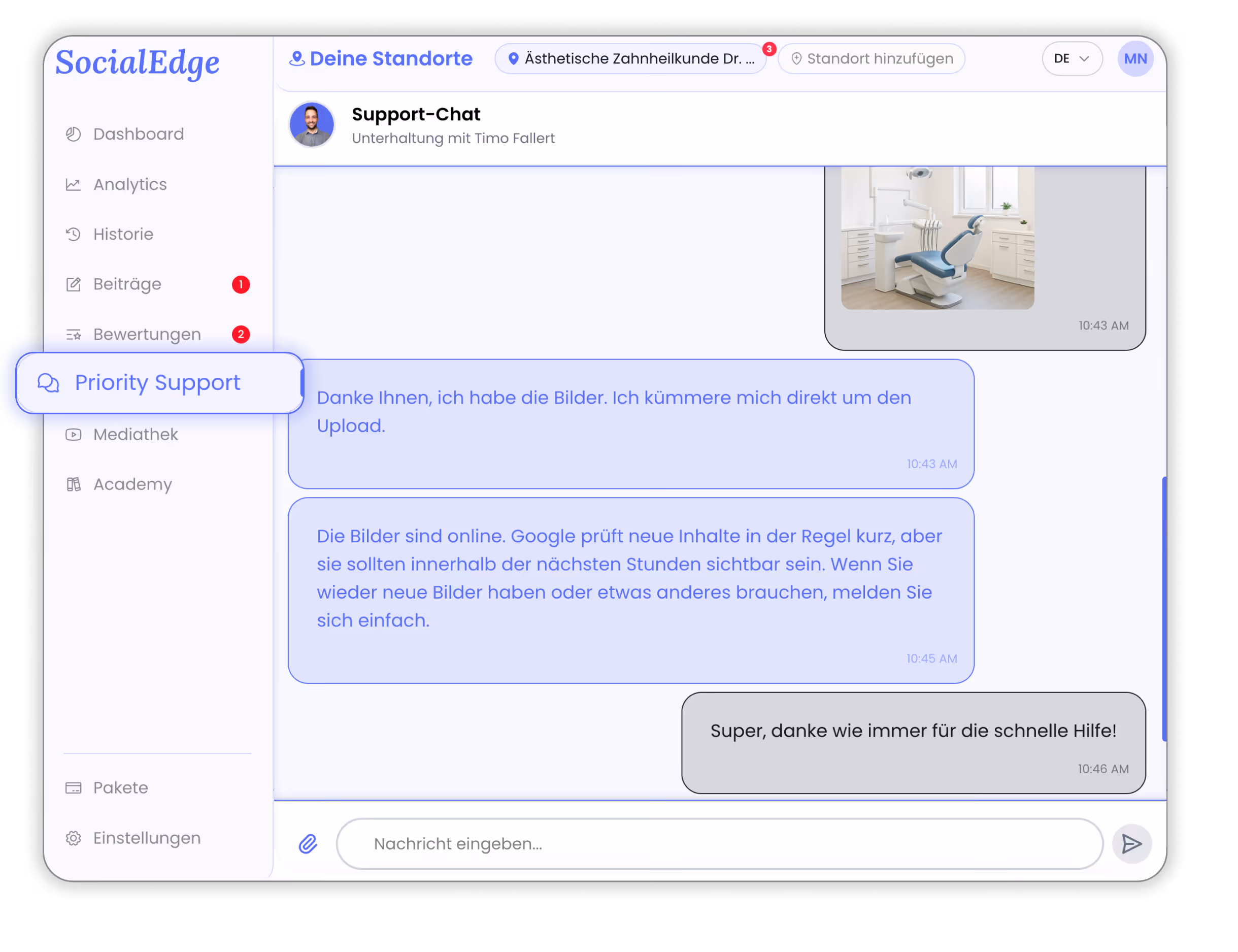 Support-Chat-Fenster mit Unterhaltung über Bild-Uploads, links seitliches Menü mit Optionen wie Dashboard, Analytics und Bewertungen, Screenshot zeigt Prioritäts-Support hervorgehoben.