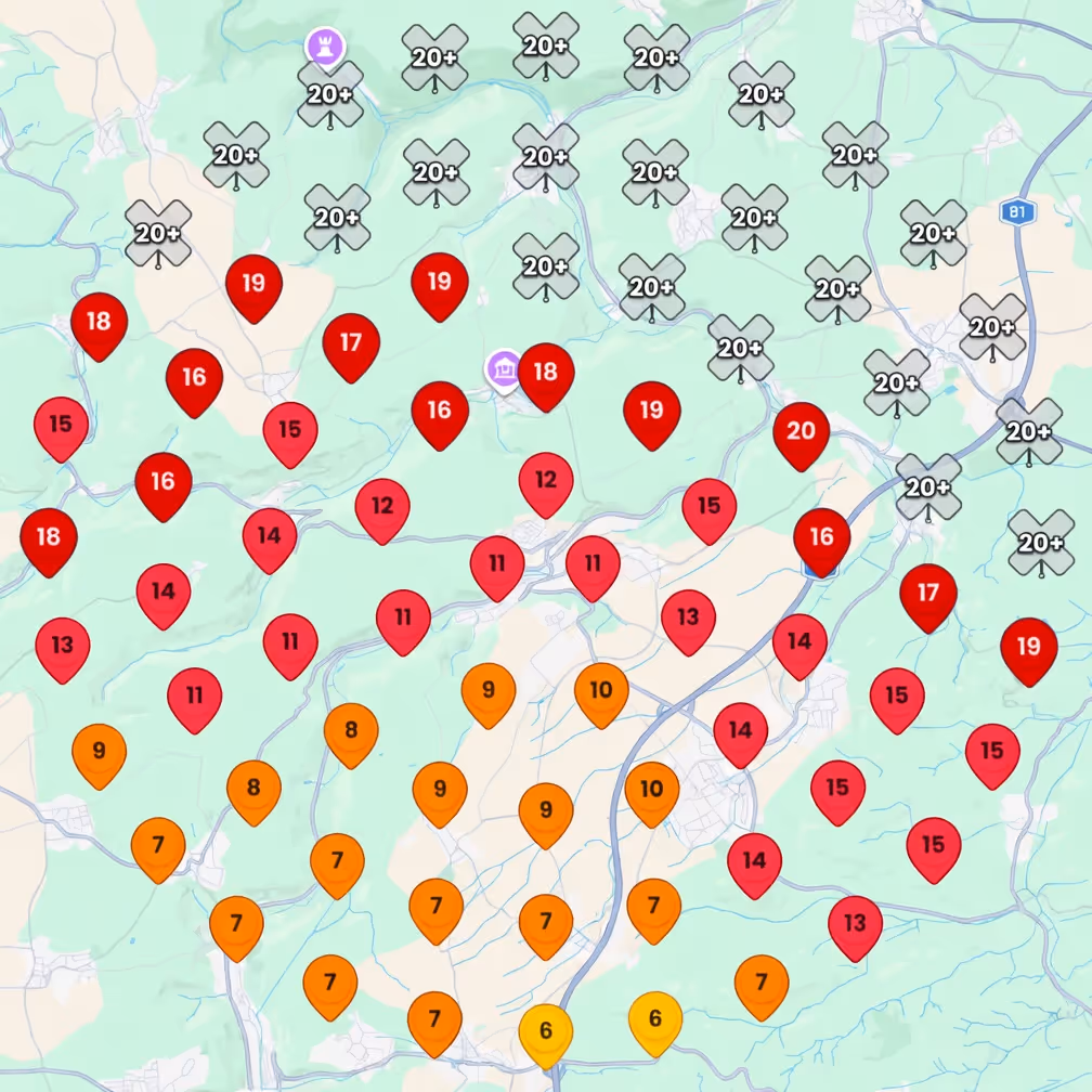 Karte mit Ranganzeigen verschiedener Orte, von 6 bis über 20.