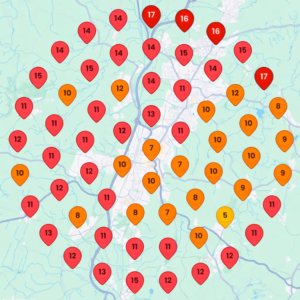 Karte mit farbcodierten Markern, die Zahlen von 5 bis 17 anzeigen, in Rot, Orange und Gelb, verteilt über ein Gebiet mit Straßen und Landschaft.