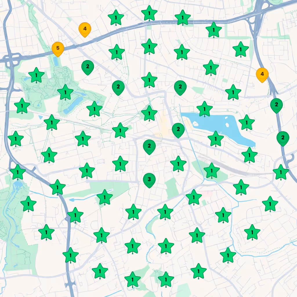 Kartenausschnitt mit vielen grünen Stern-Symbolen und Nummern 1, einzelnen grünen Markierungen mit Nummern 2 und 3 sowie einigen orangen Markierungen mit Nummern 4 und 5.