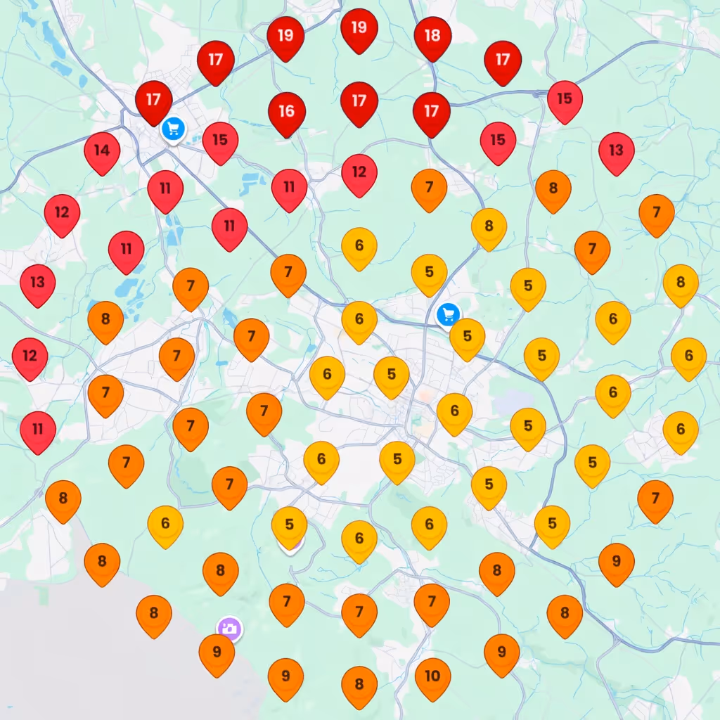 Kartenübersicht mit farblich markierten Punkten von rot bis gelb, die Zahlen von 5 bis 19 anzeigen, verteilt über eine Stadt- und Landkarte.