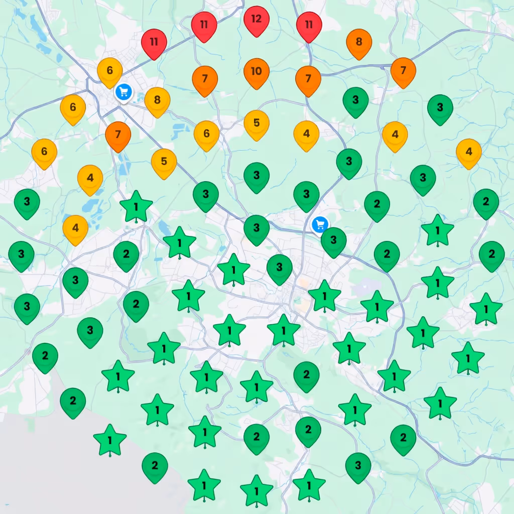 Kartenansicht mit farbcodierten Markierungen in Rot, Orange, Gelb und Grün, die Zahlen von 1 bis 12 anzeigen.