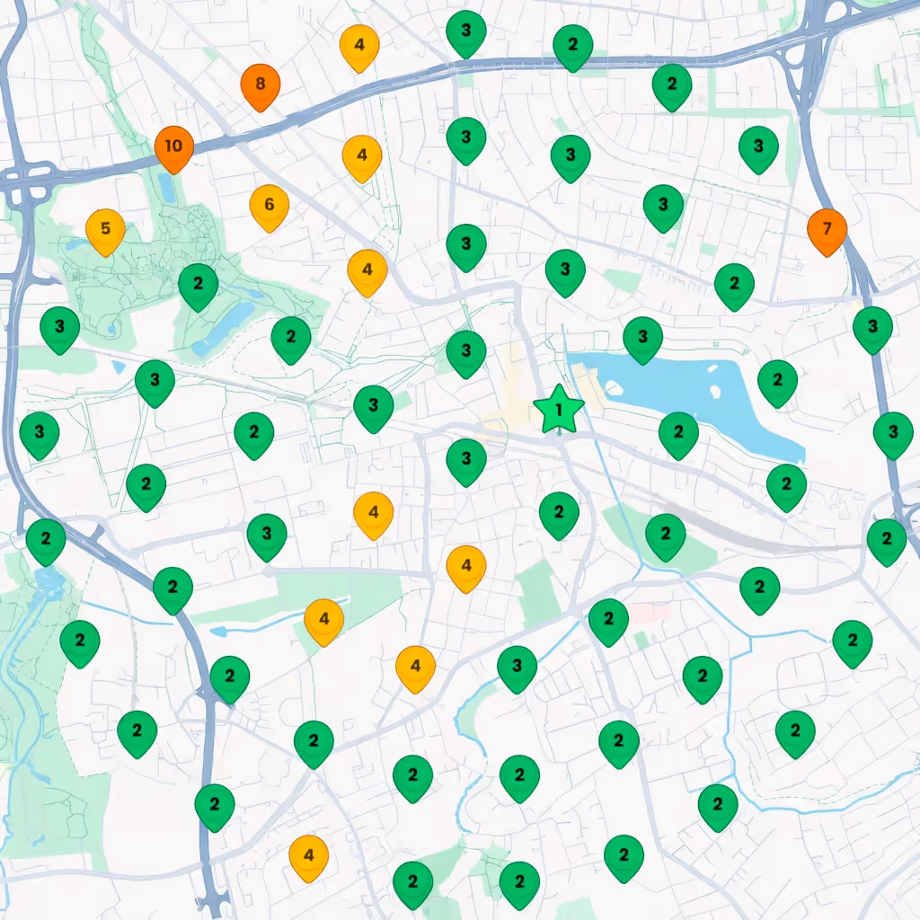 Kartenausschnitt mit farbigen Markierungen in Grün, Gelb und Orange, nummeriert von 1 bis 10, verteilt über eine Stadtkarte mit Straßen und Parks.