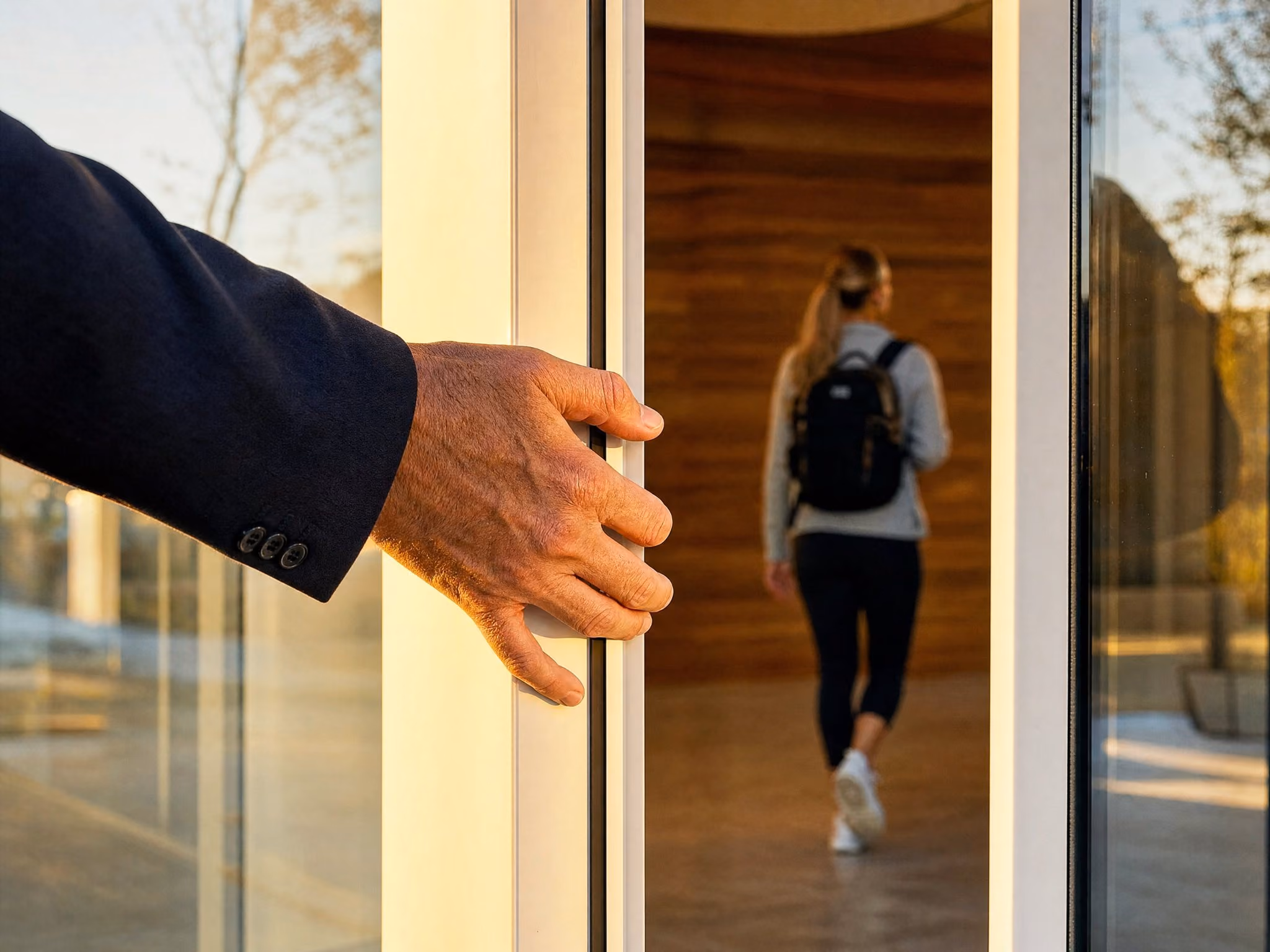 A hand holding a glass door open while someone walks into the building