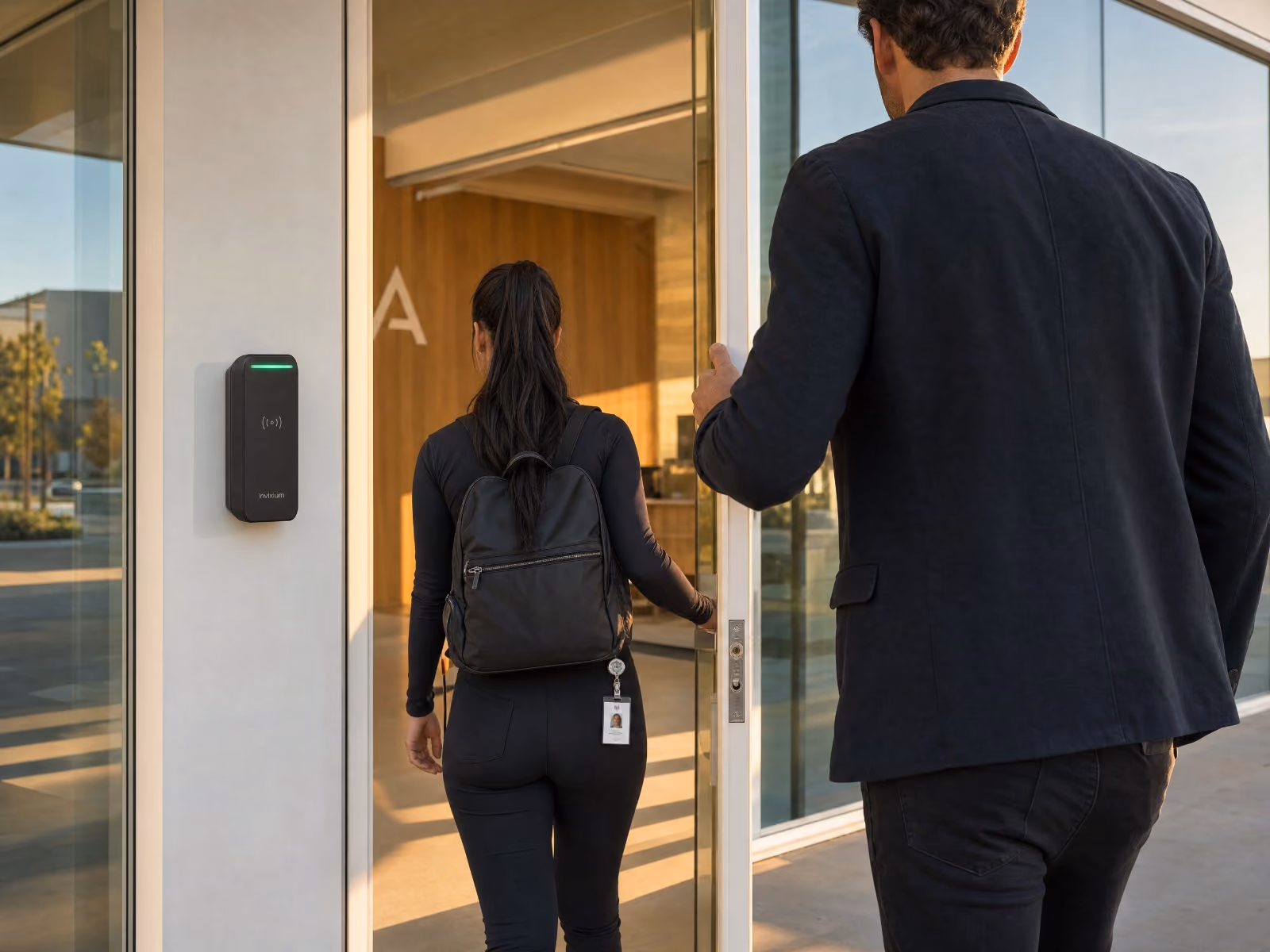 A badge reader at a glass entrance as two people walk in on one credential