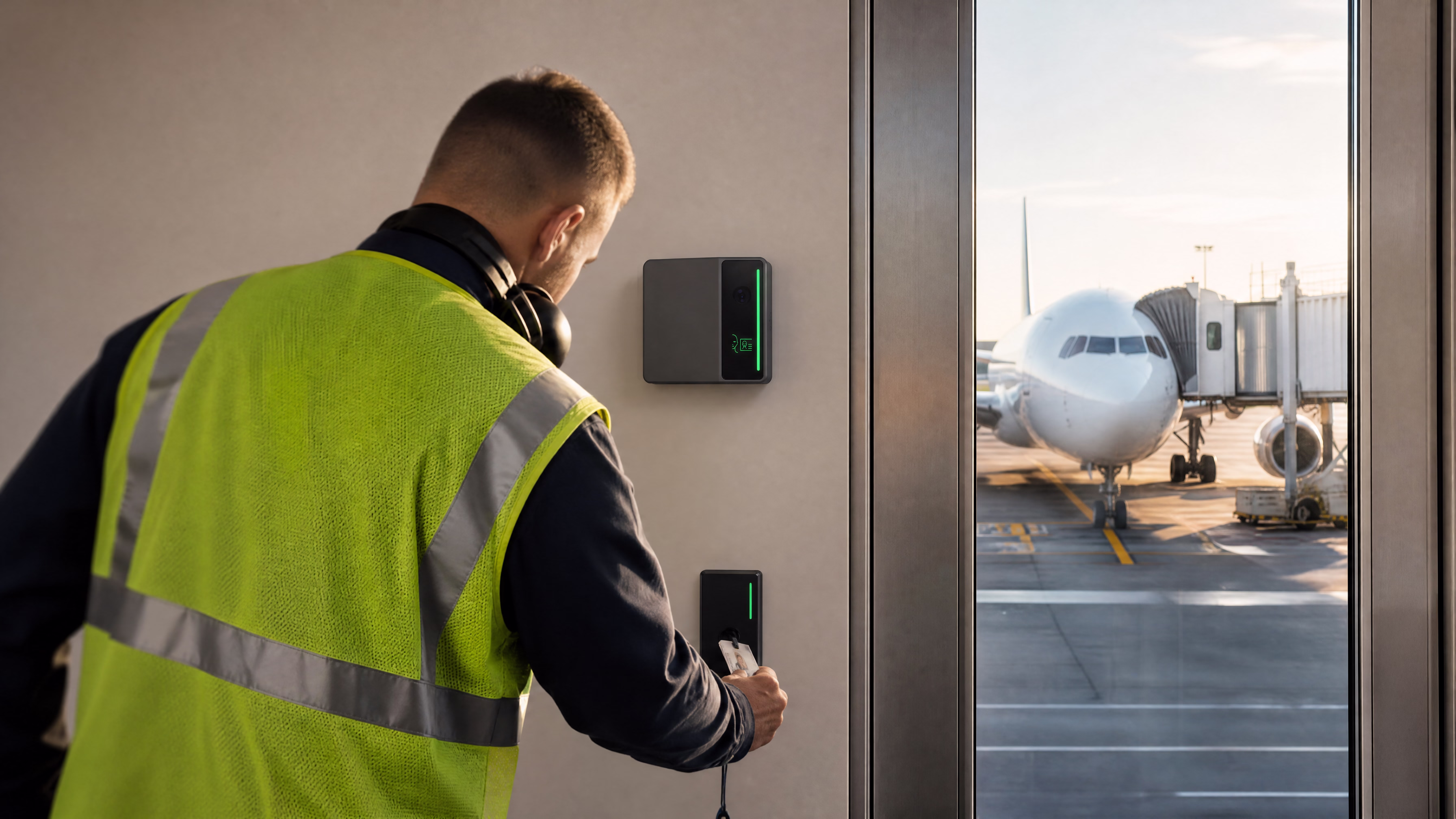 An airside worker badging at the reader below a Rock X device, with an aircraft at the jet bridge beyond