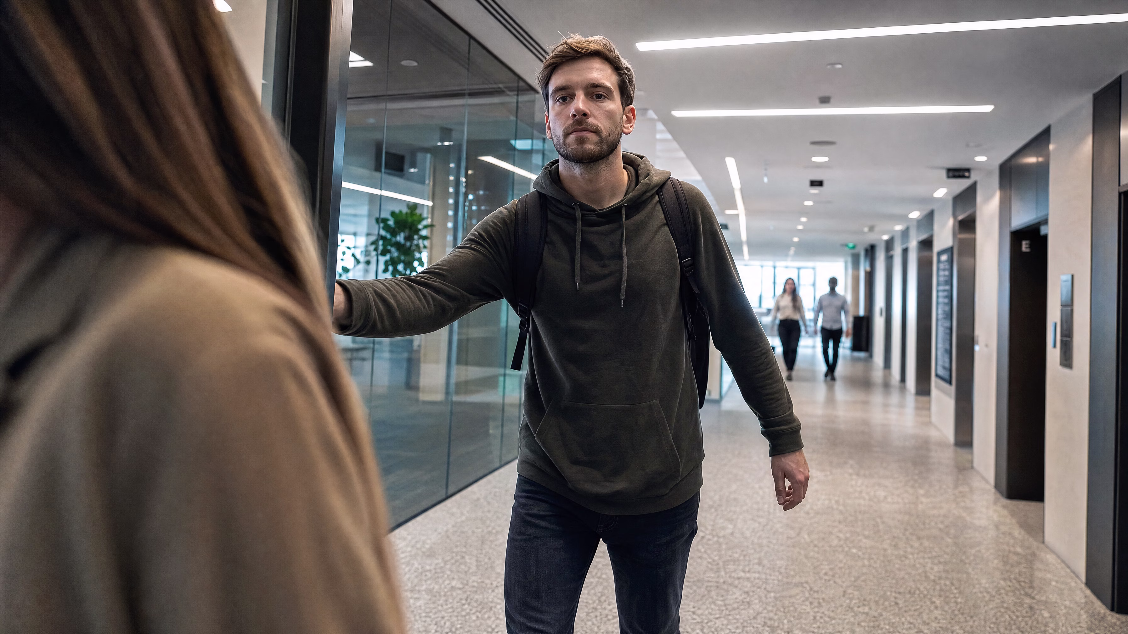 A second person following an employee through a door in an office corridor