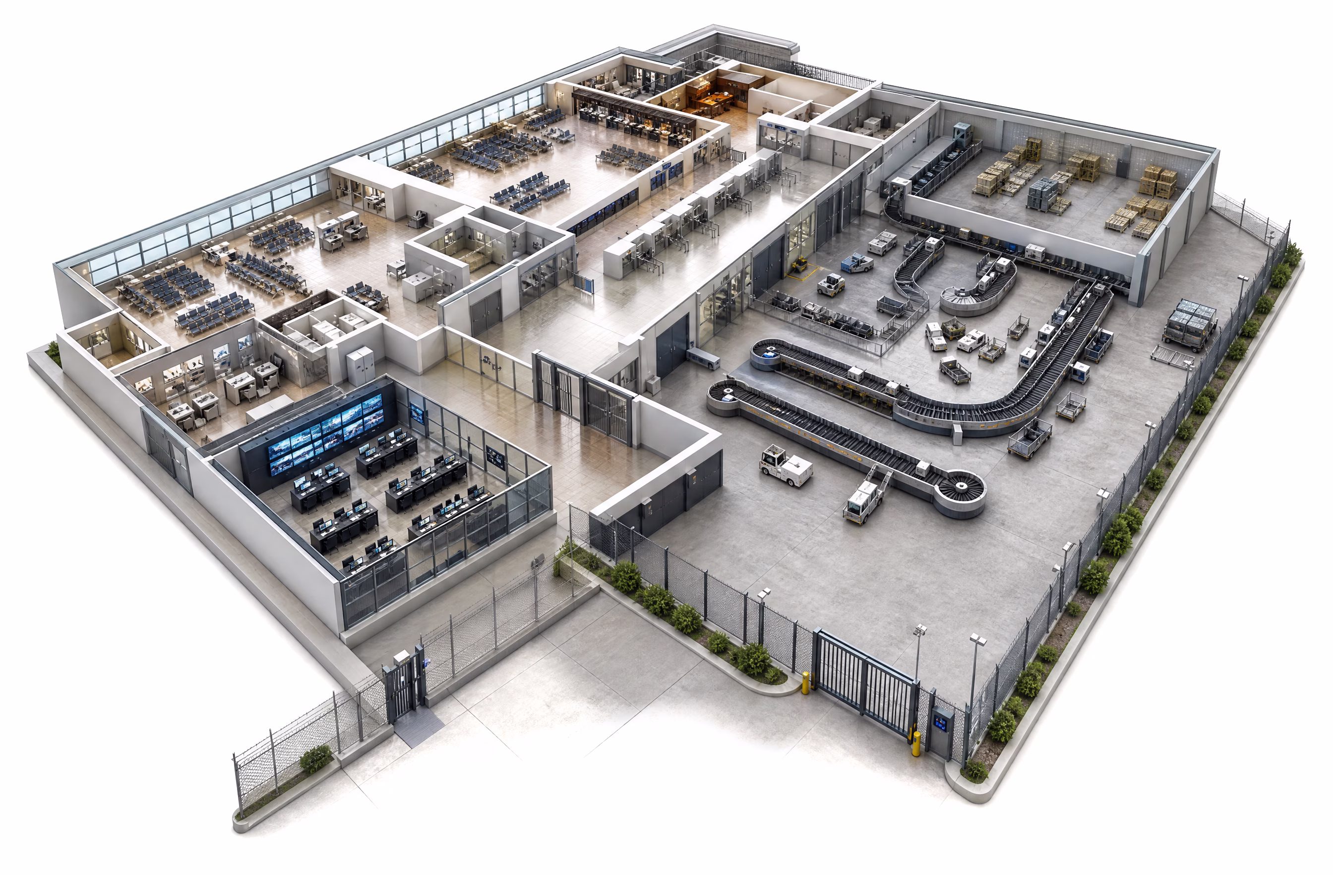 Cutaway render of an airport terminal showing gate holdrooms, screening, the airline operations center, baggage handling, and the fenced airside perimeter