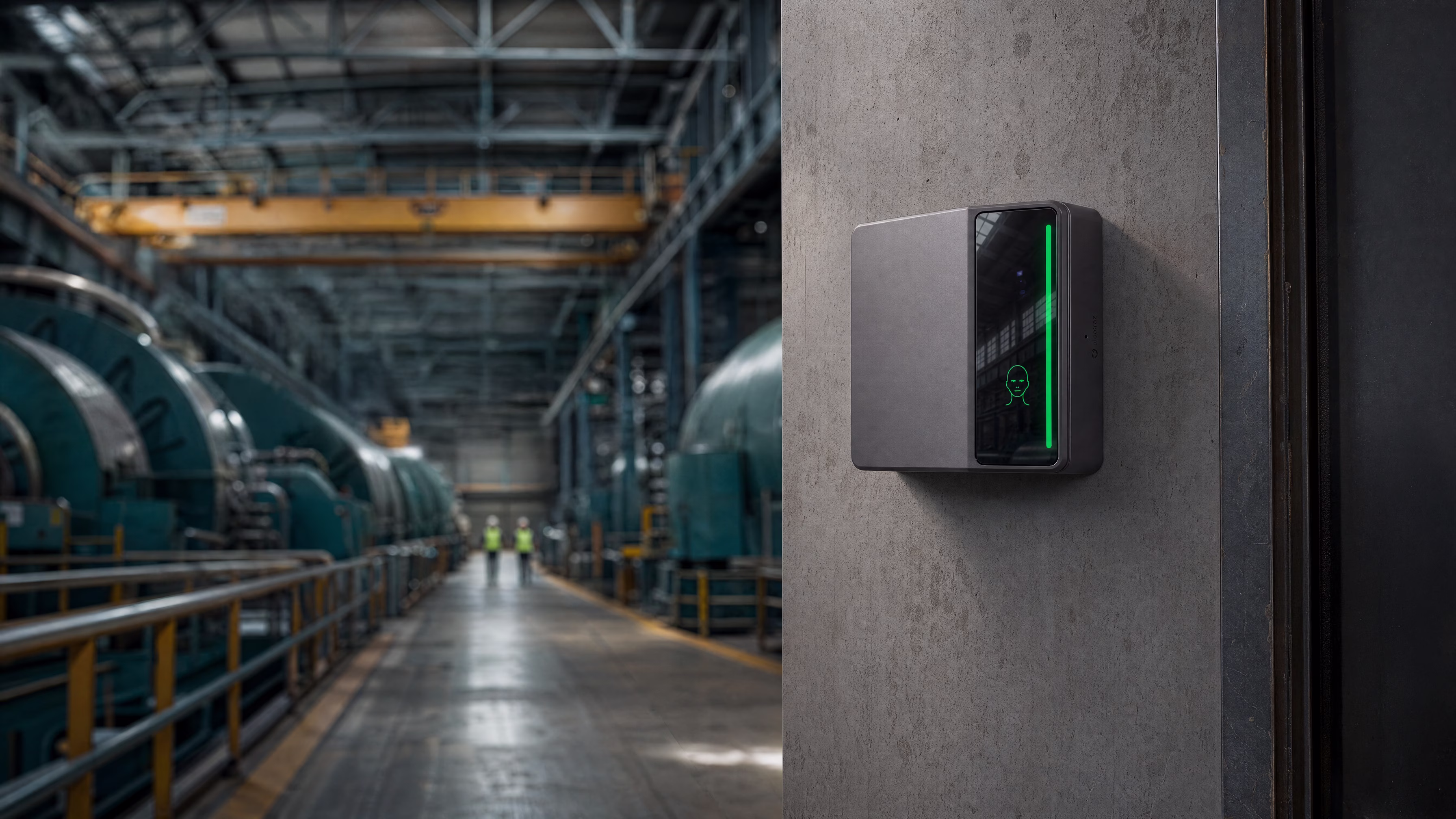 Rock X on a concrete pillar beside a turbine hall, two workers in high-visibility jackets down the aisle