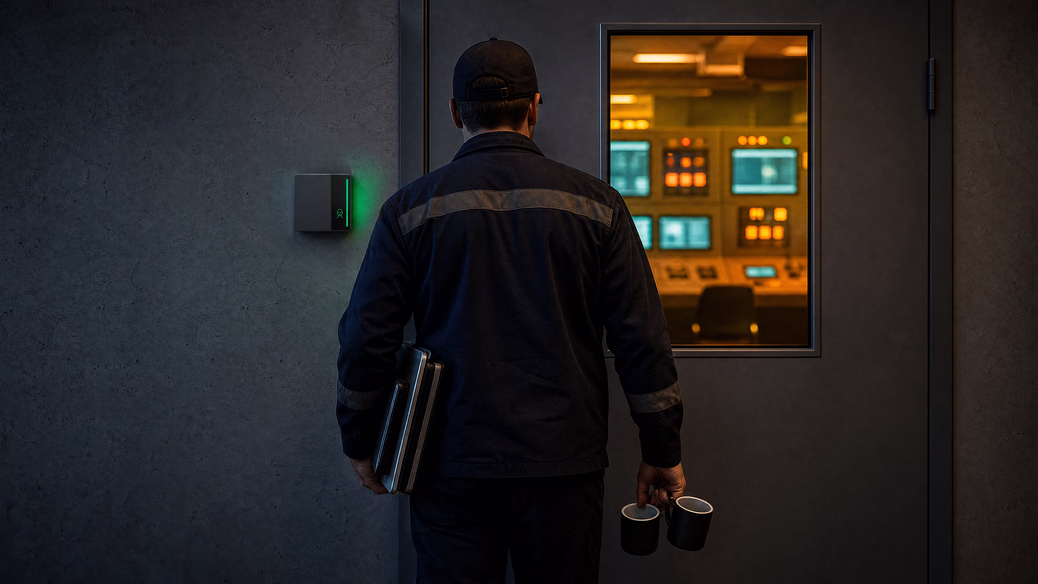 A plant worker with their hands full approaching a control room door beside a Rock X reader