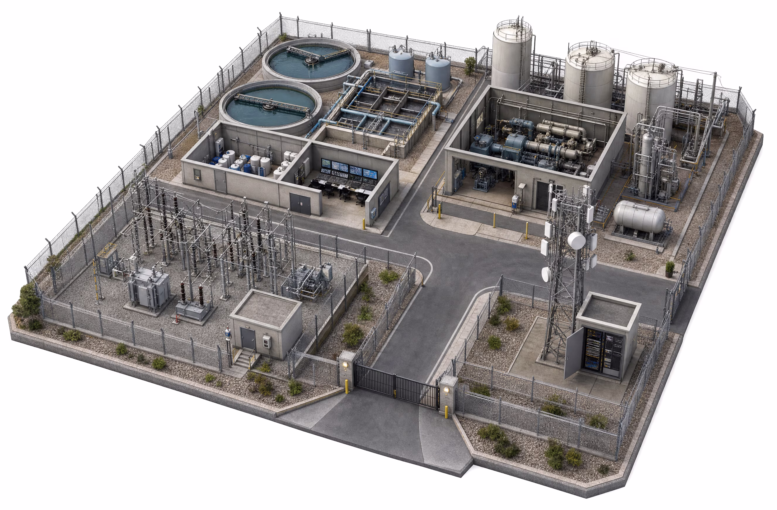 Aerial cutaway of a utility site showing the water treatment basins, tank farm, electrical switchyard and telecom tower