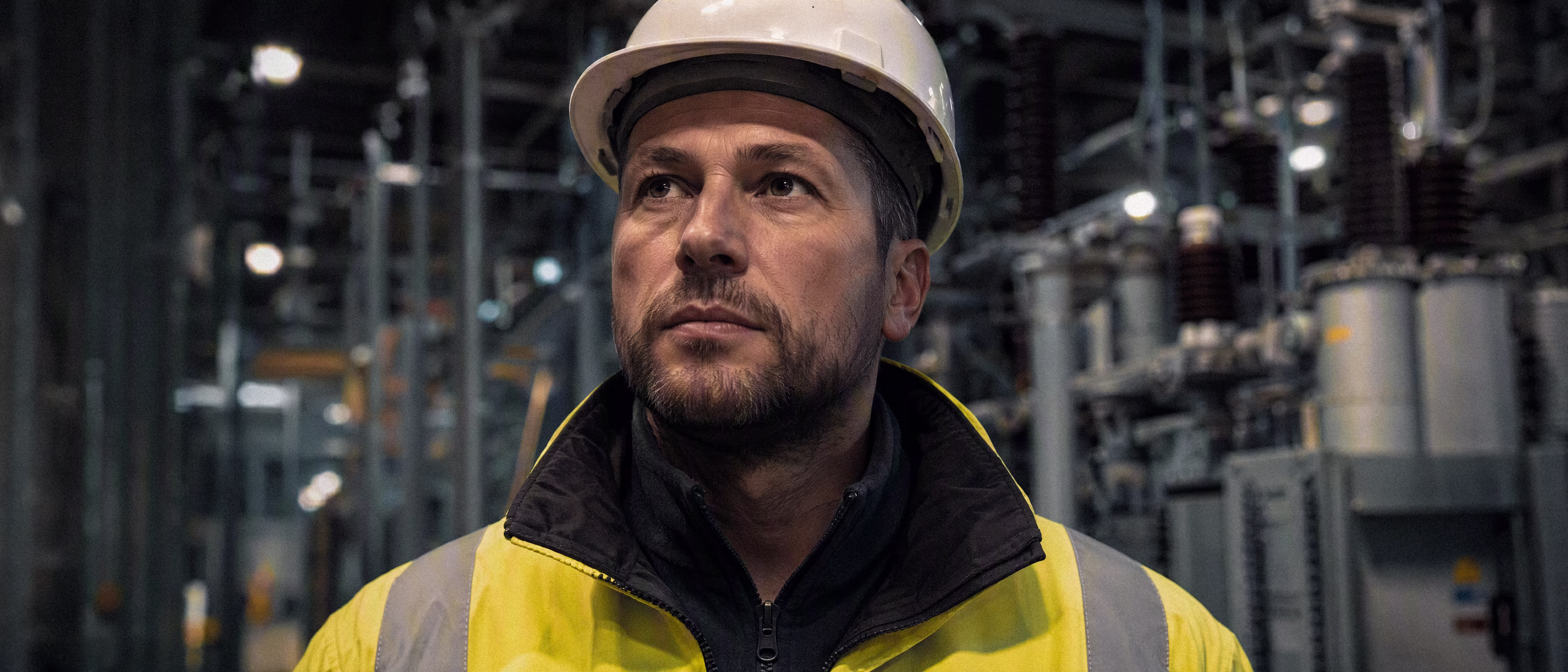 A field technician at a substation at night