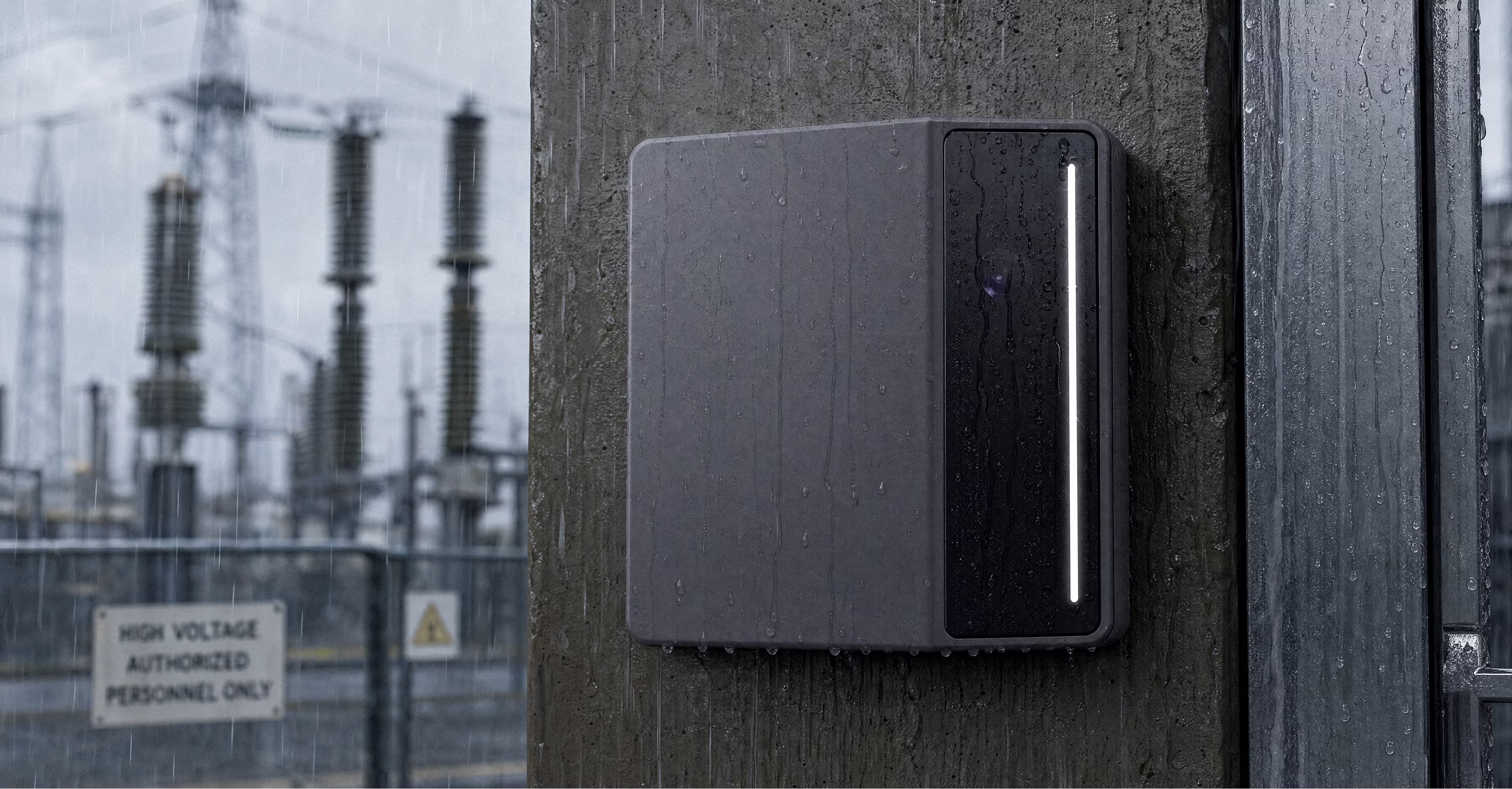 An outdoor-rated Rock X reader in the rain on a substation gate post, high voltage warning sign and switchyard behind