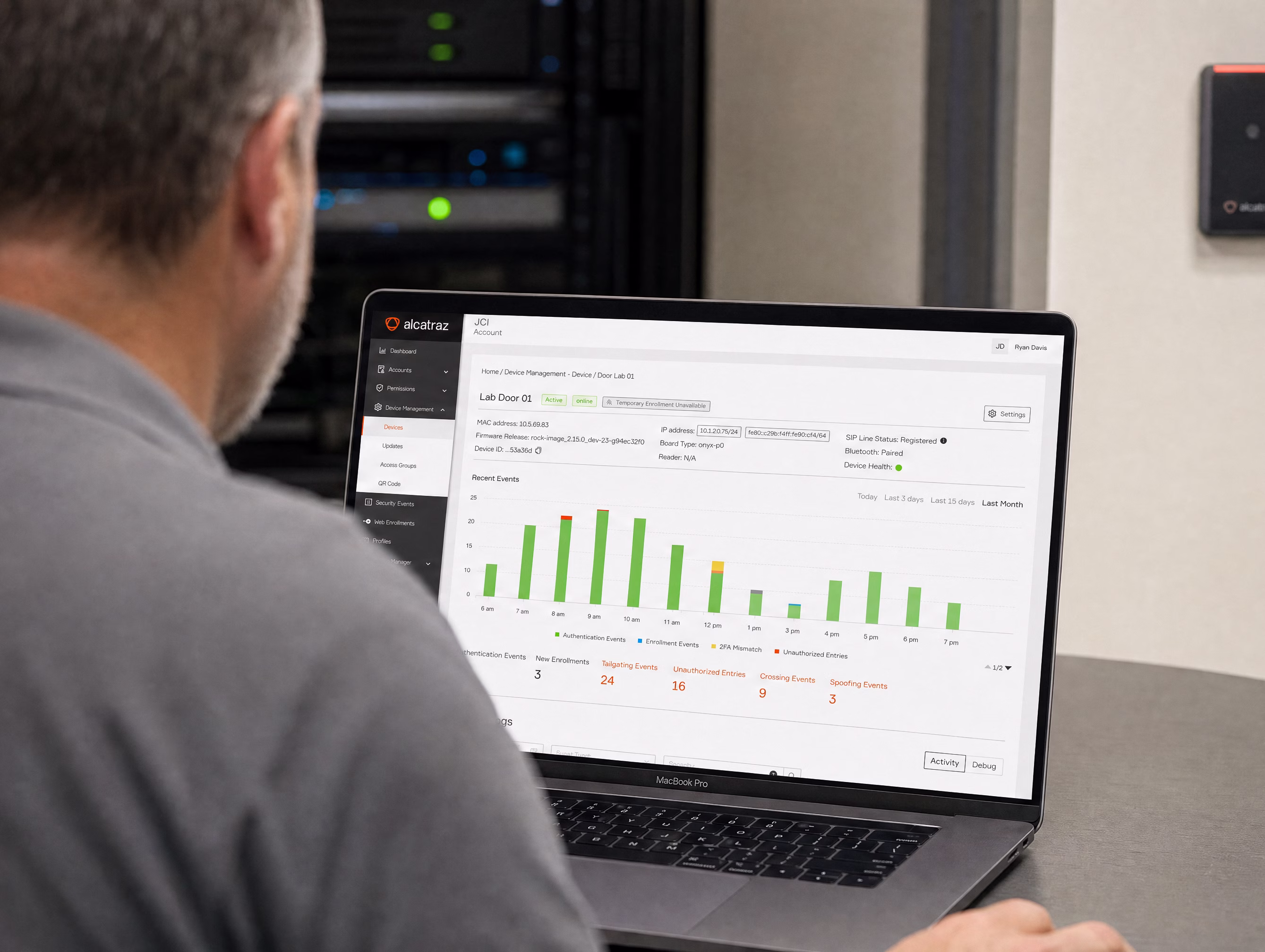 An operator reviewing device analytics and tailgating events in Rock Cortex
