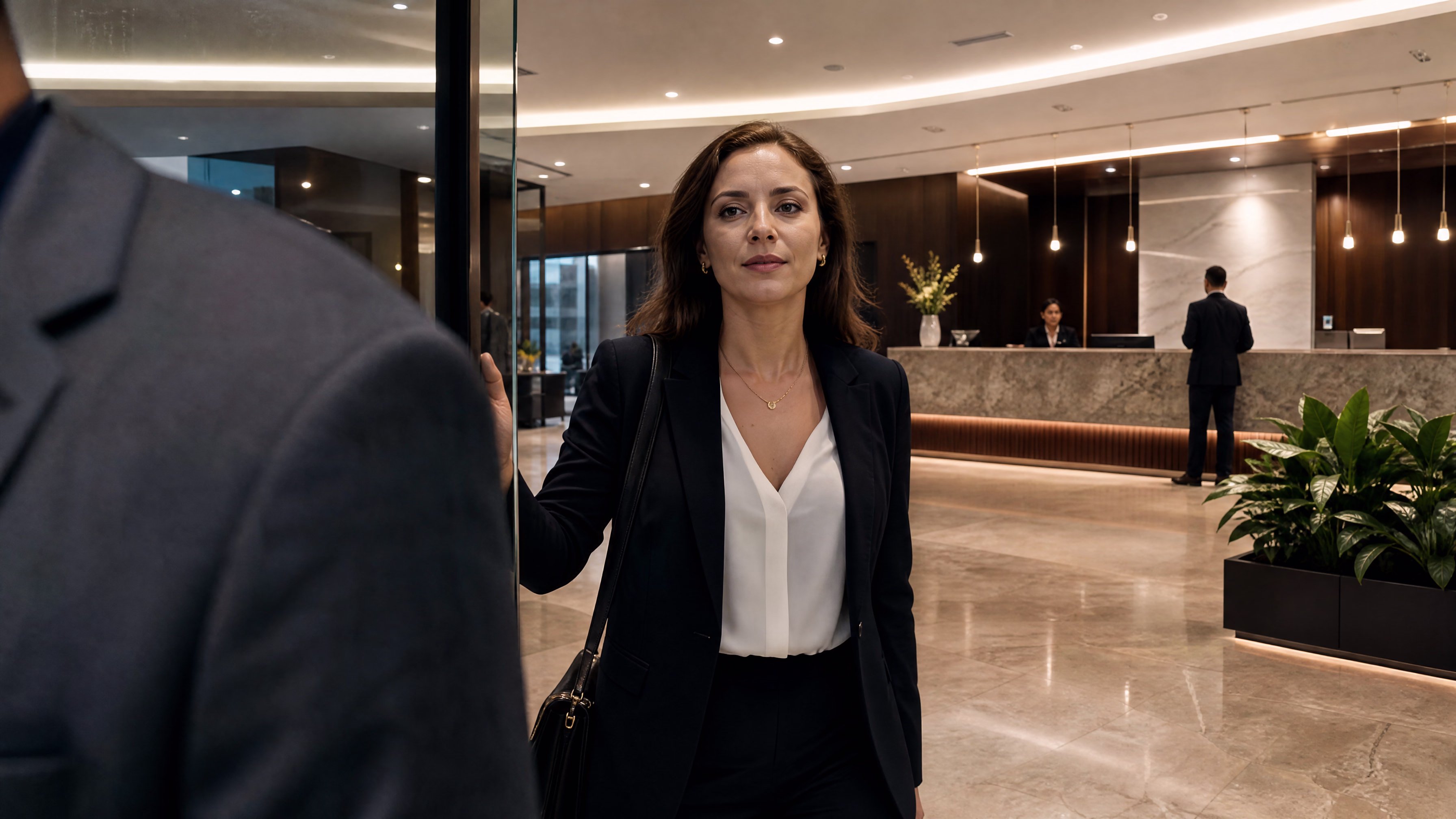 A colleague holding a glass door open for someone following her into a bank lobby