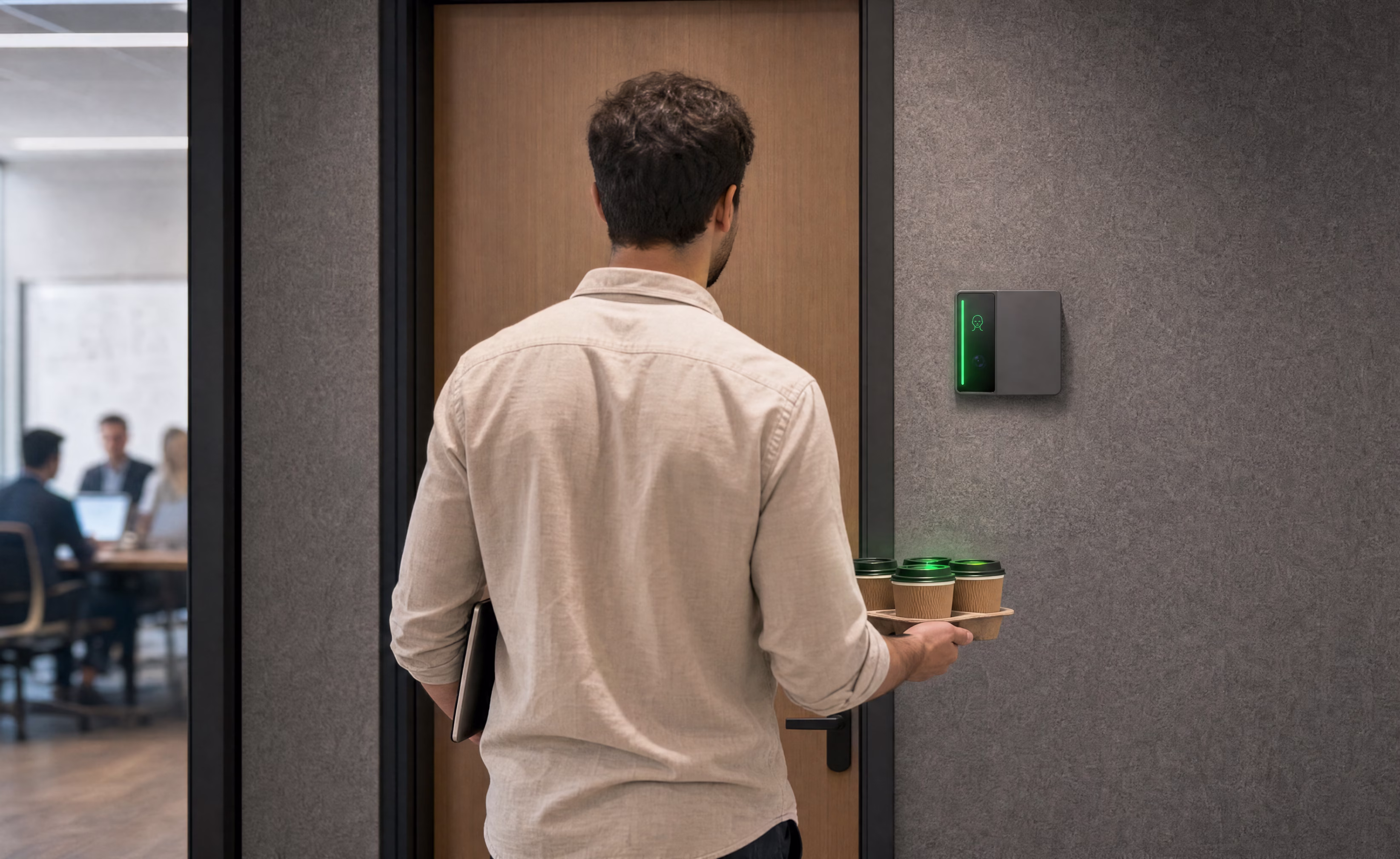 An employee with a coffee tray approaching a secure office door where a Rock reader shows a green light bar