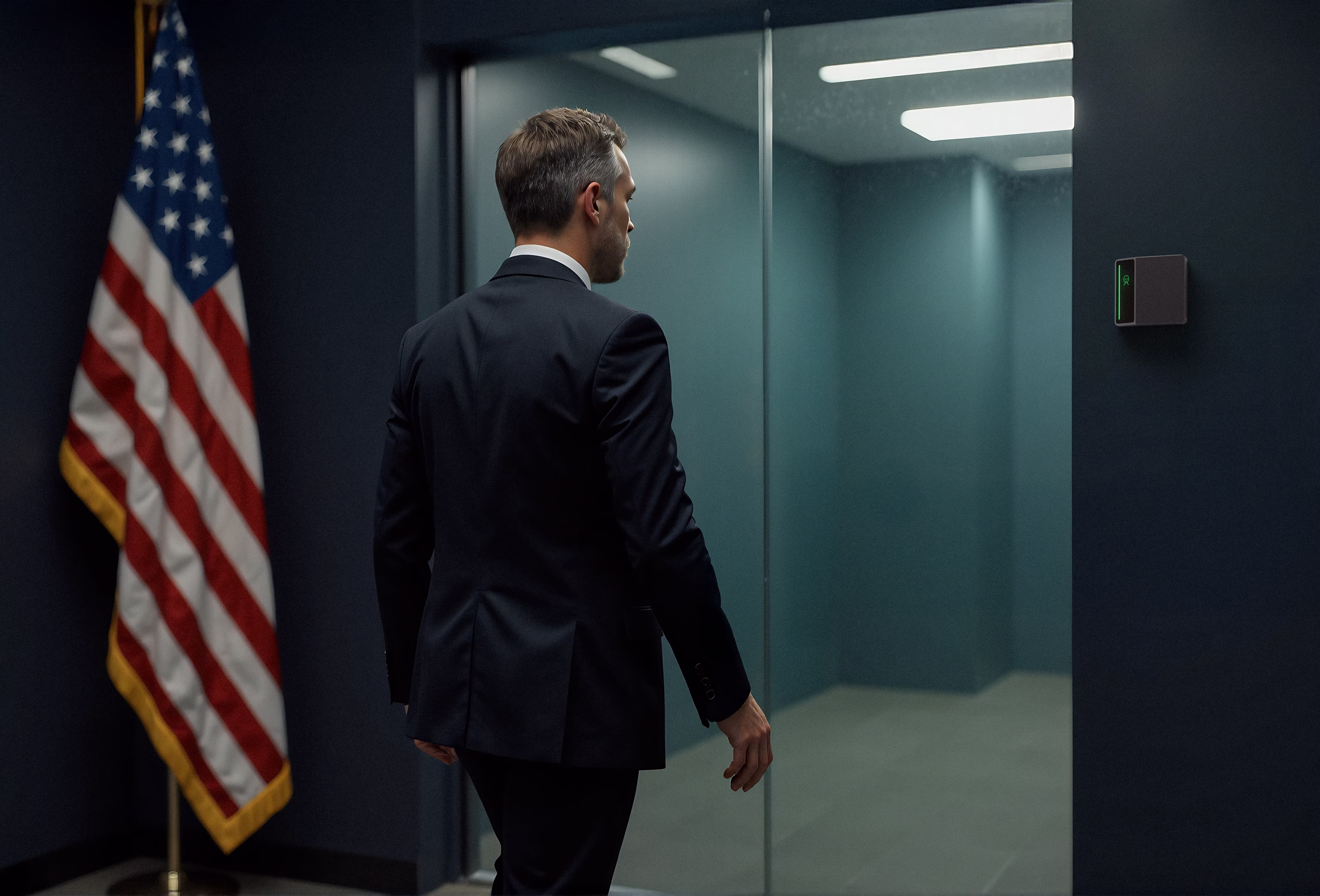 A government employee approaching a glass secure door where a Rock X reader shows a green light bar