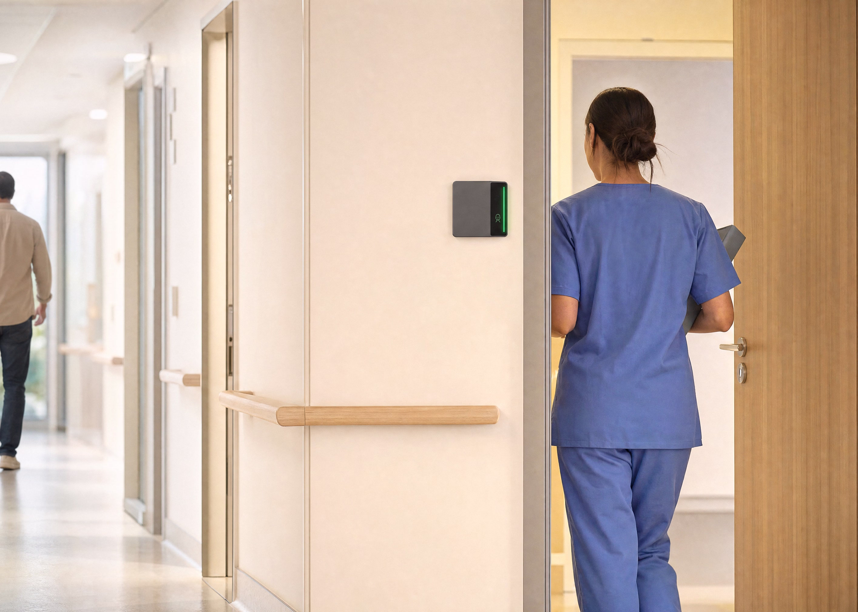 A nurse walking through a hospital room door past a Rock X, its light bar green