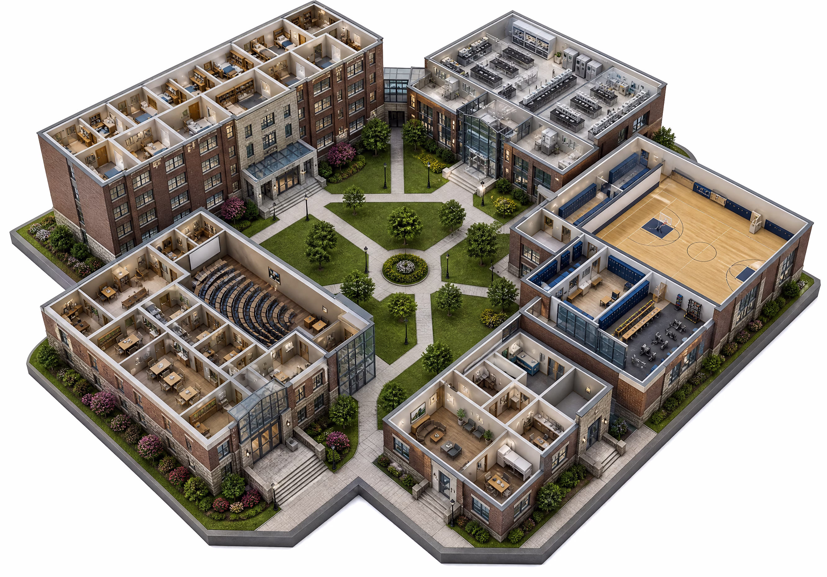 Cutaway render of a university quad showing residence halls, research labs, a lecture hall and academic offices, the athletics building, and the campus health center