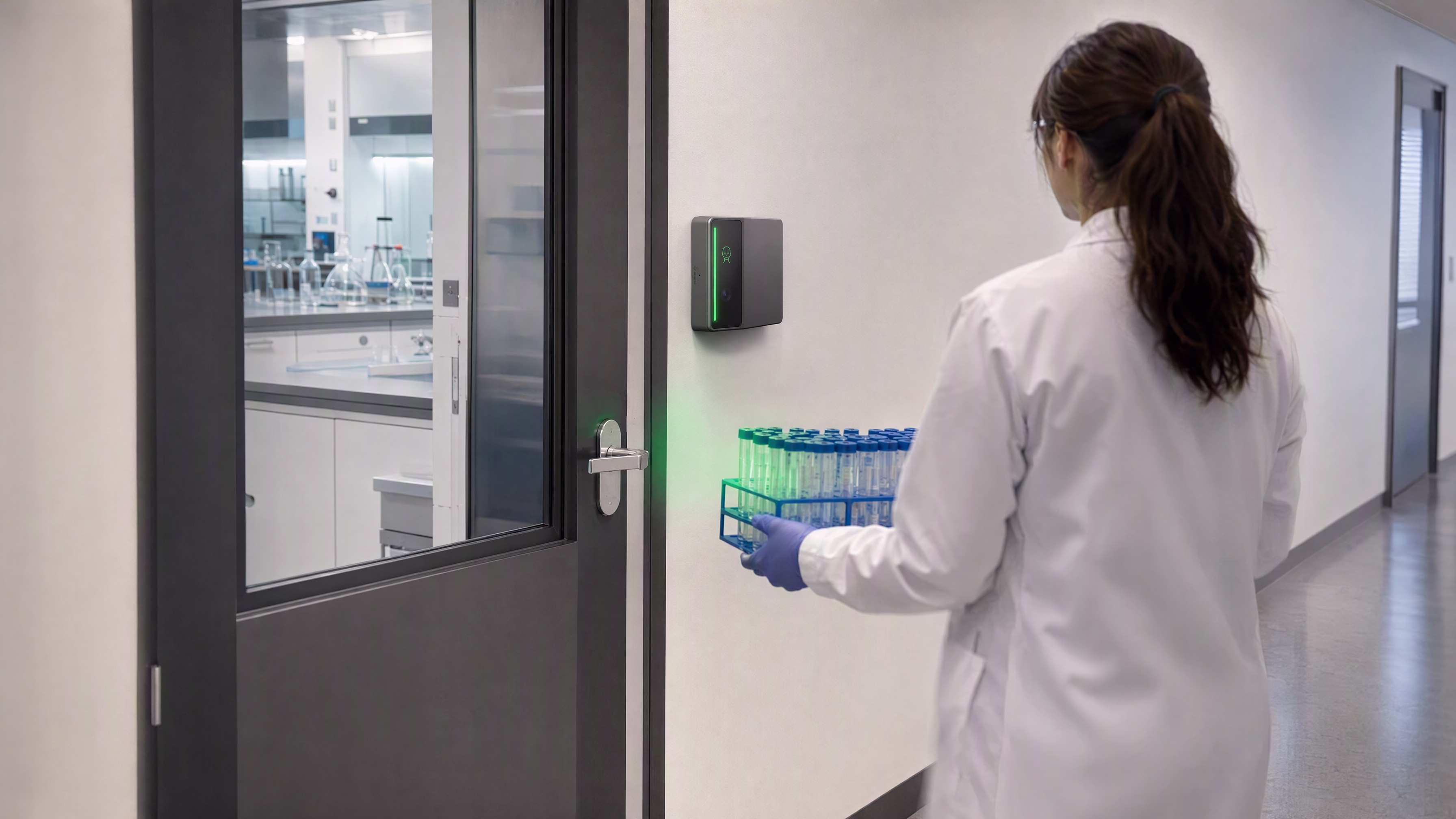 A researcher carrying a rack of samples toward a lab door where a Rock reader shows a green light bar