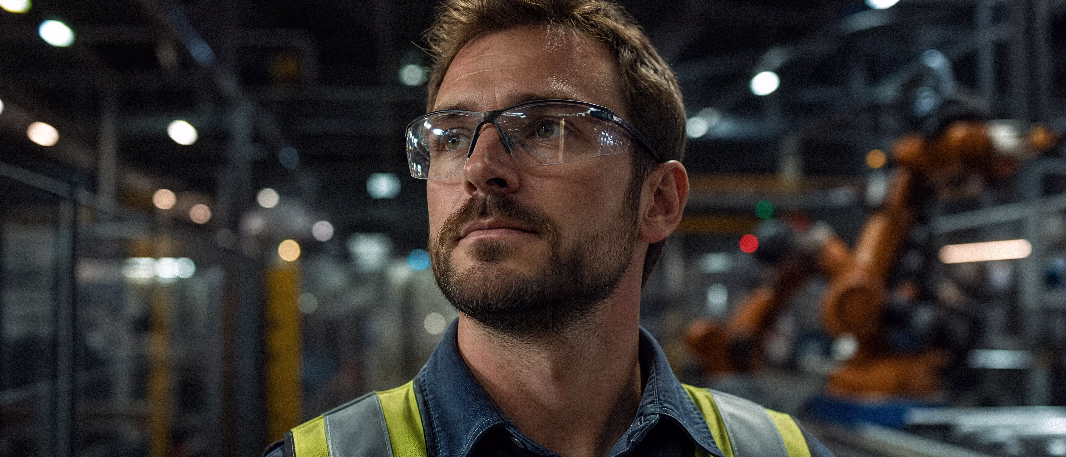 Plant worker in safety glasses and hi-vis vest on the production floor