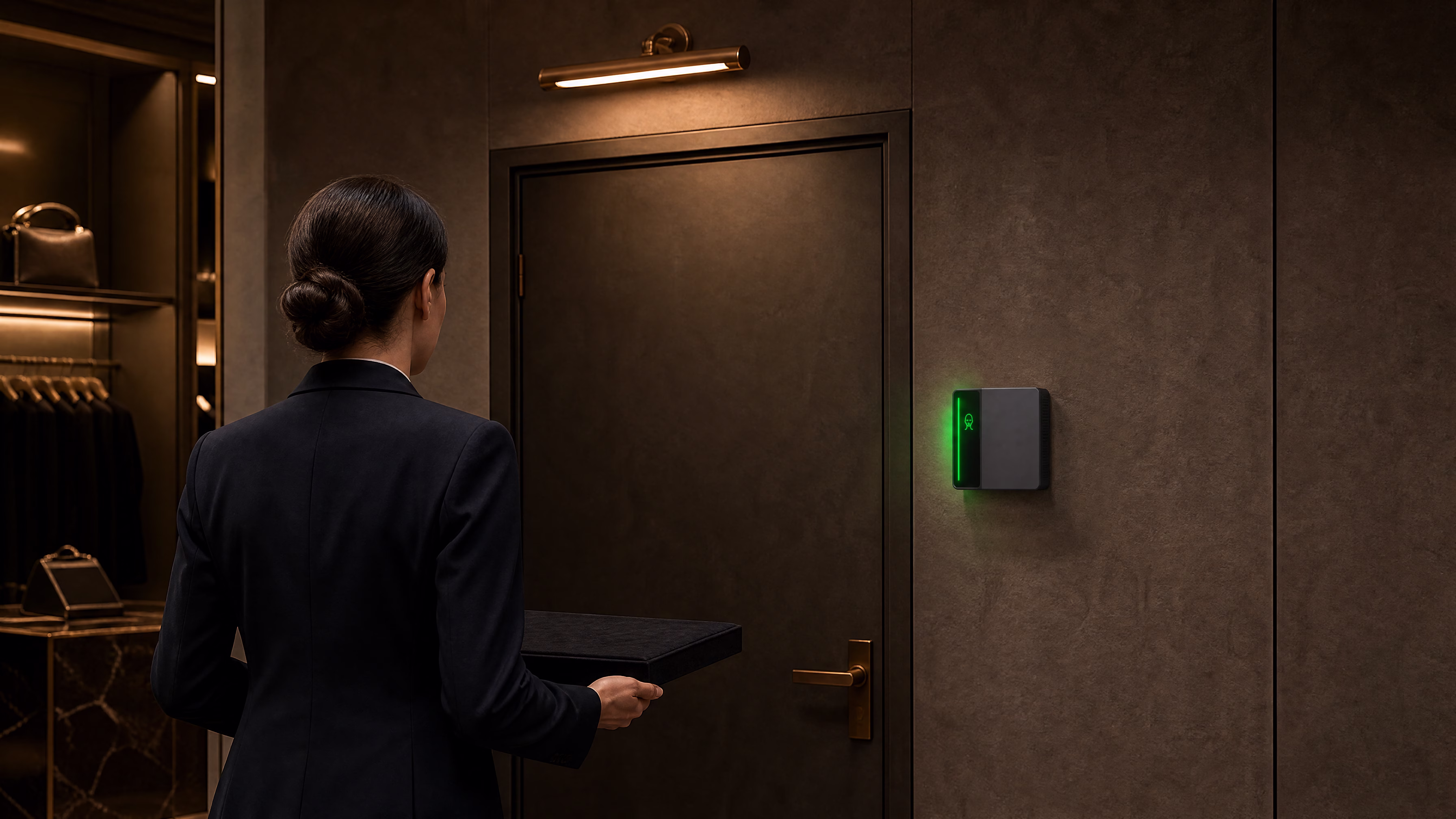 A store associate at a back-of-house door where a Rock X reader shows a green light bar