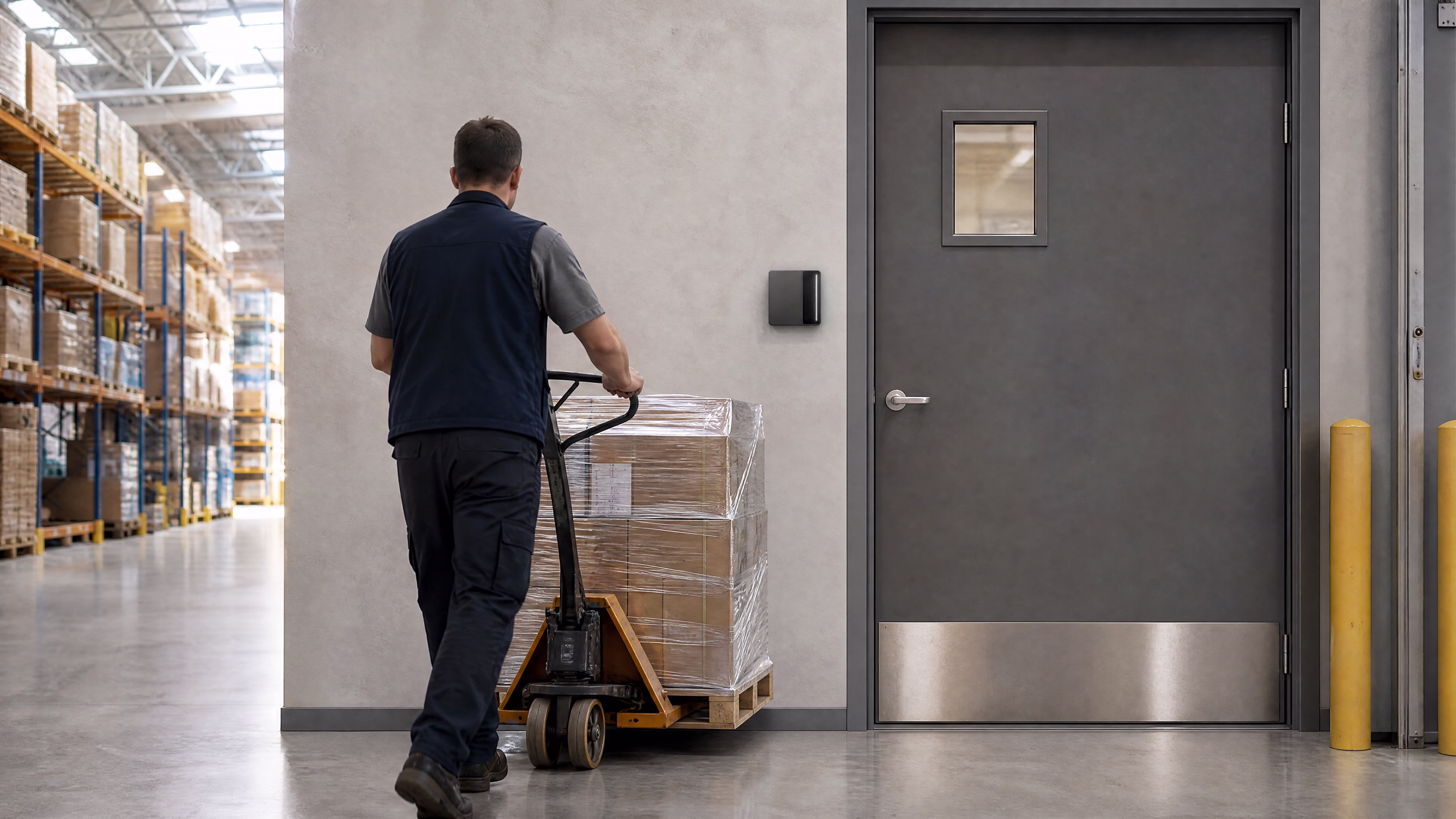 A warehouse worker moving a pallet toward a back-of-house door fitted with a Rock reader