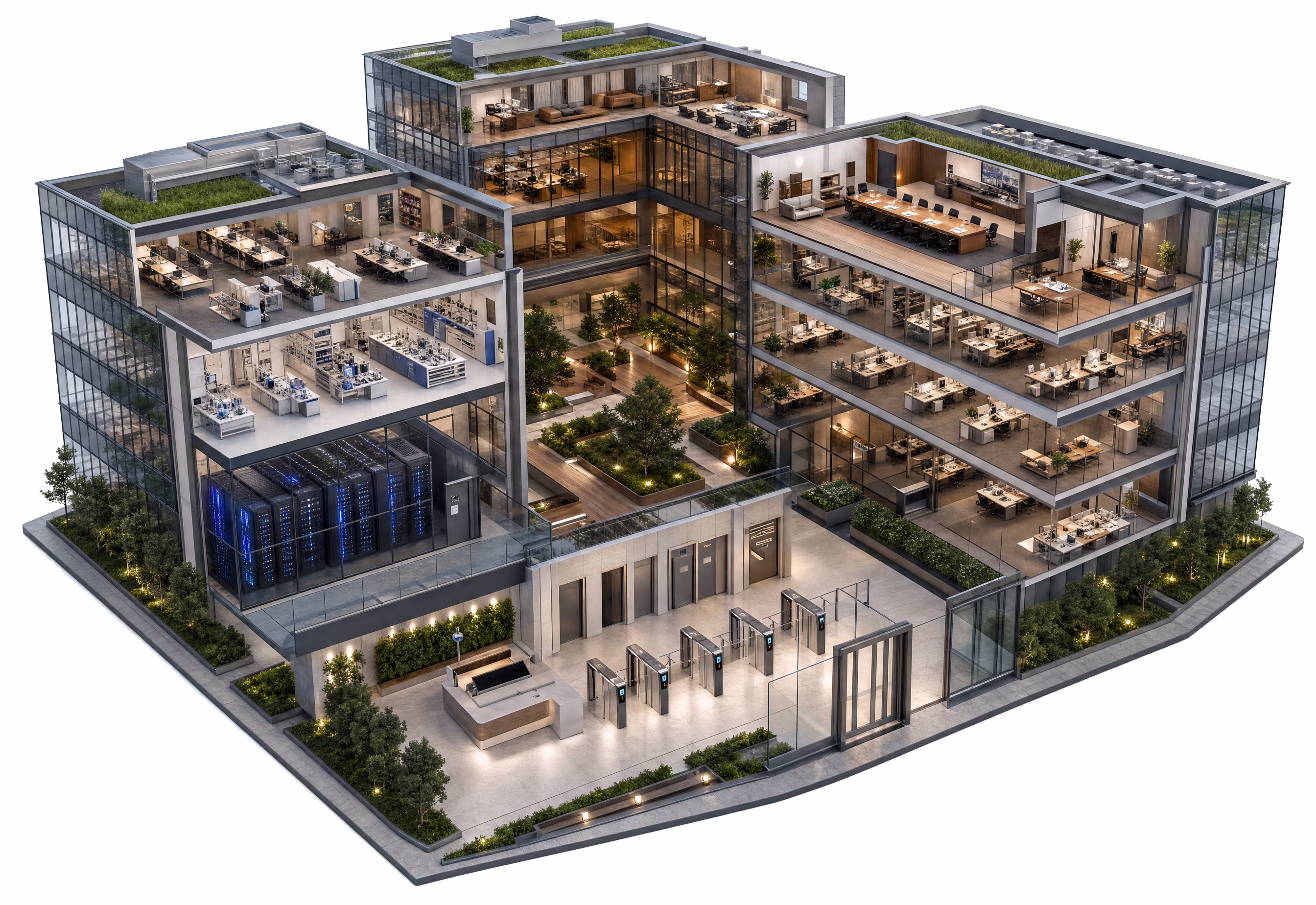 Cutaway render of a technology campus showing server rooms, R&D labs, executive floors and lobby turnstiles