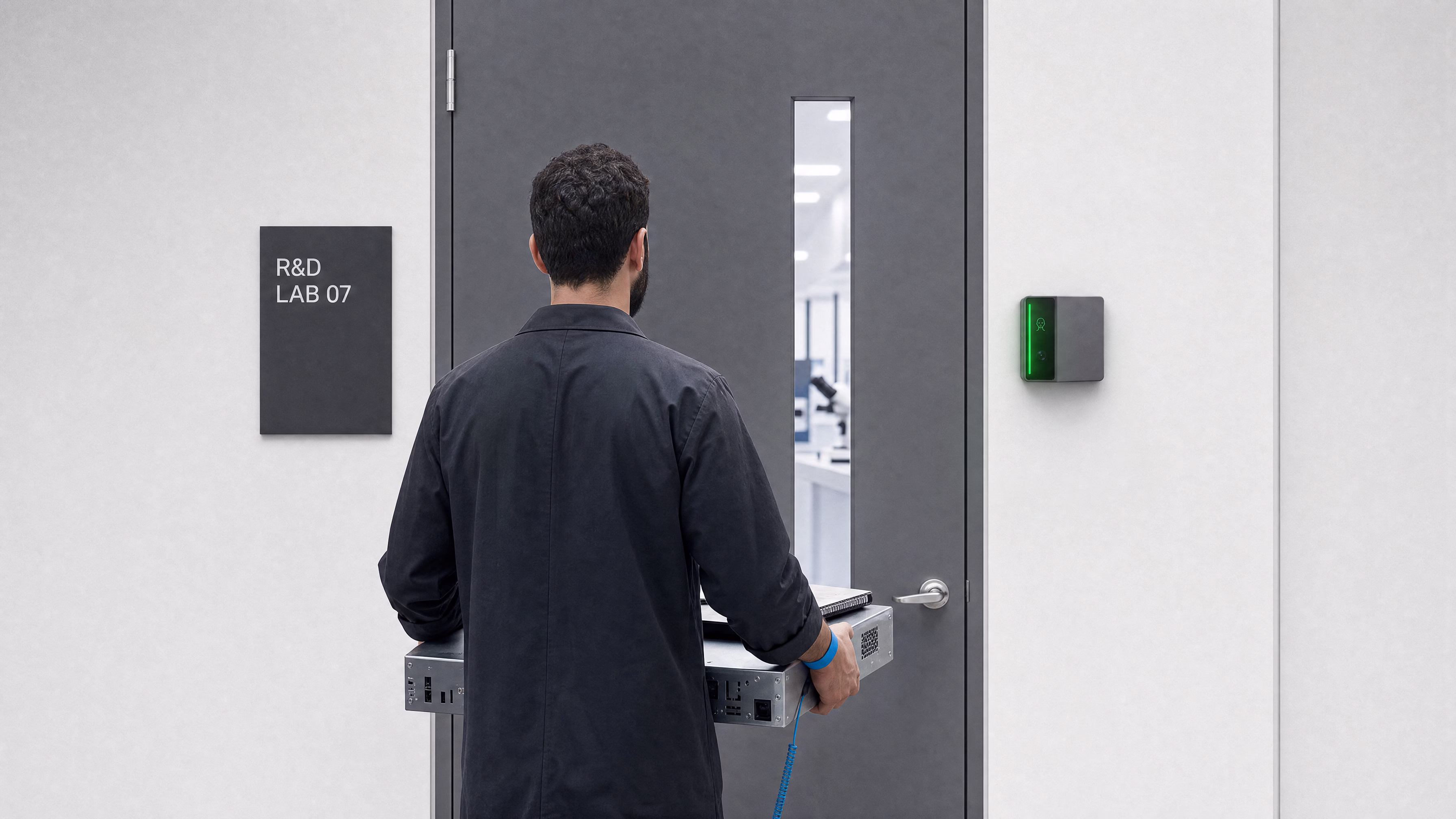 A researcher carrying equipment to an R&D lab door, the Rock X light bar green