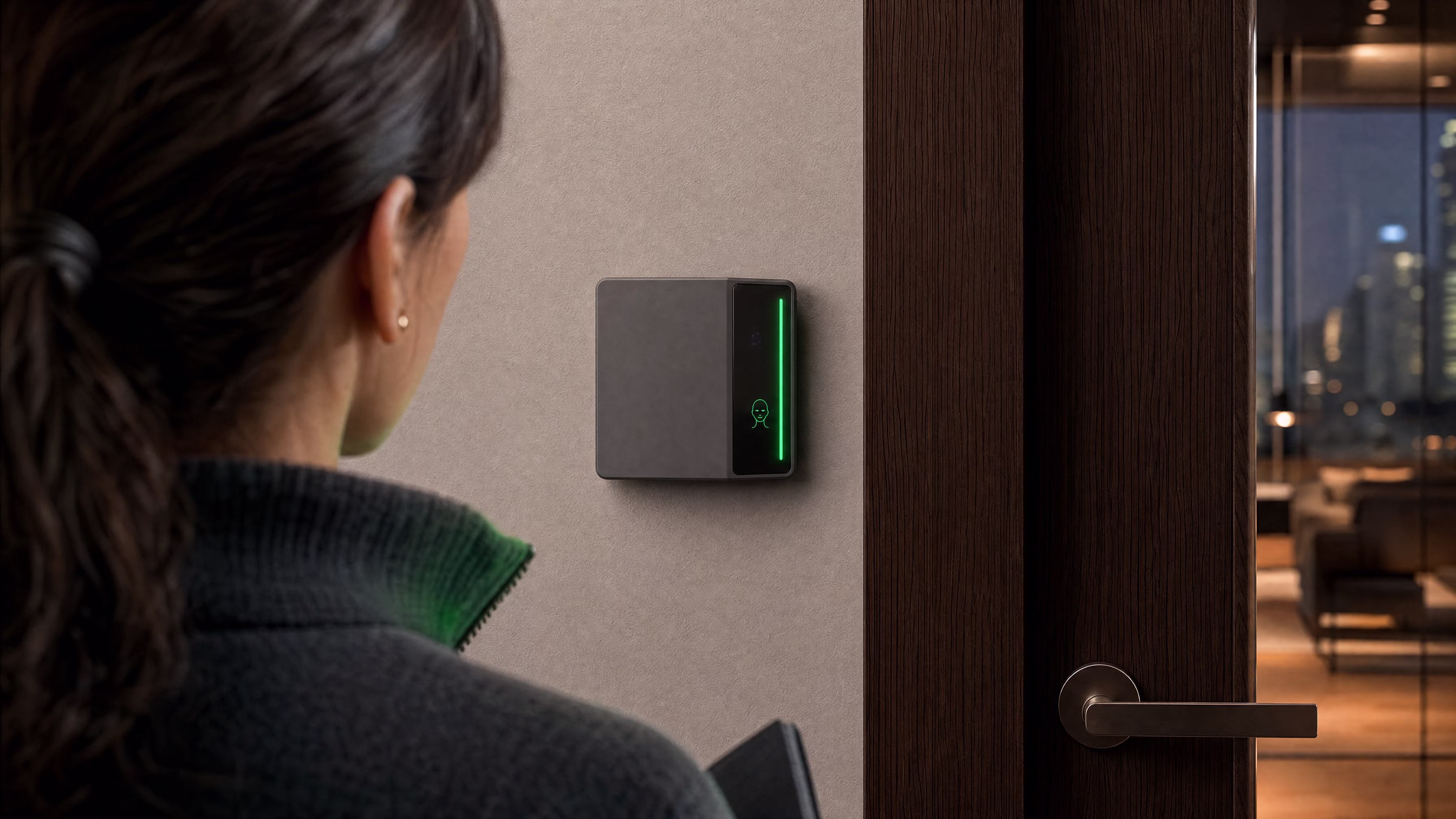 An executive approaching a Rock X reader at a boardroom door, the light bar green