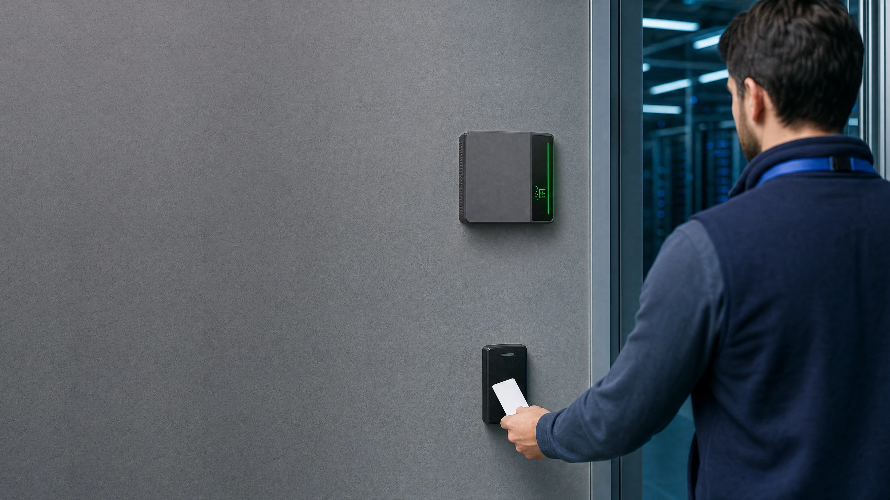 An employee badging at a card reader beside a Rock X reader glowing green on a server room door
