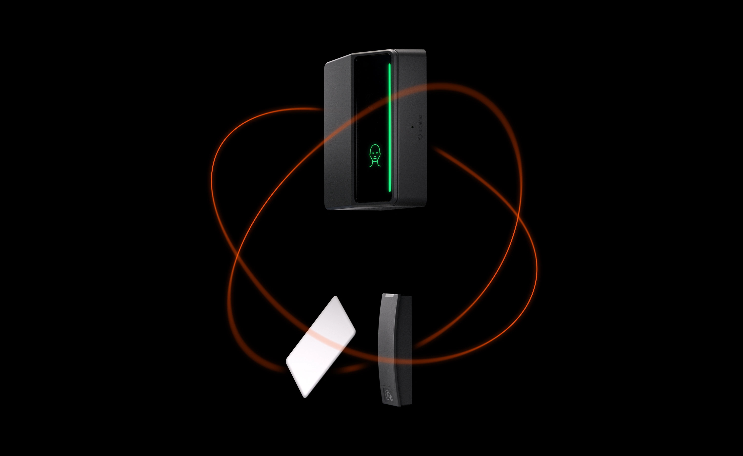 A Rock X reader, a badge, and a card reader orbited by orange light trails, the two factors working as one