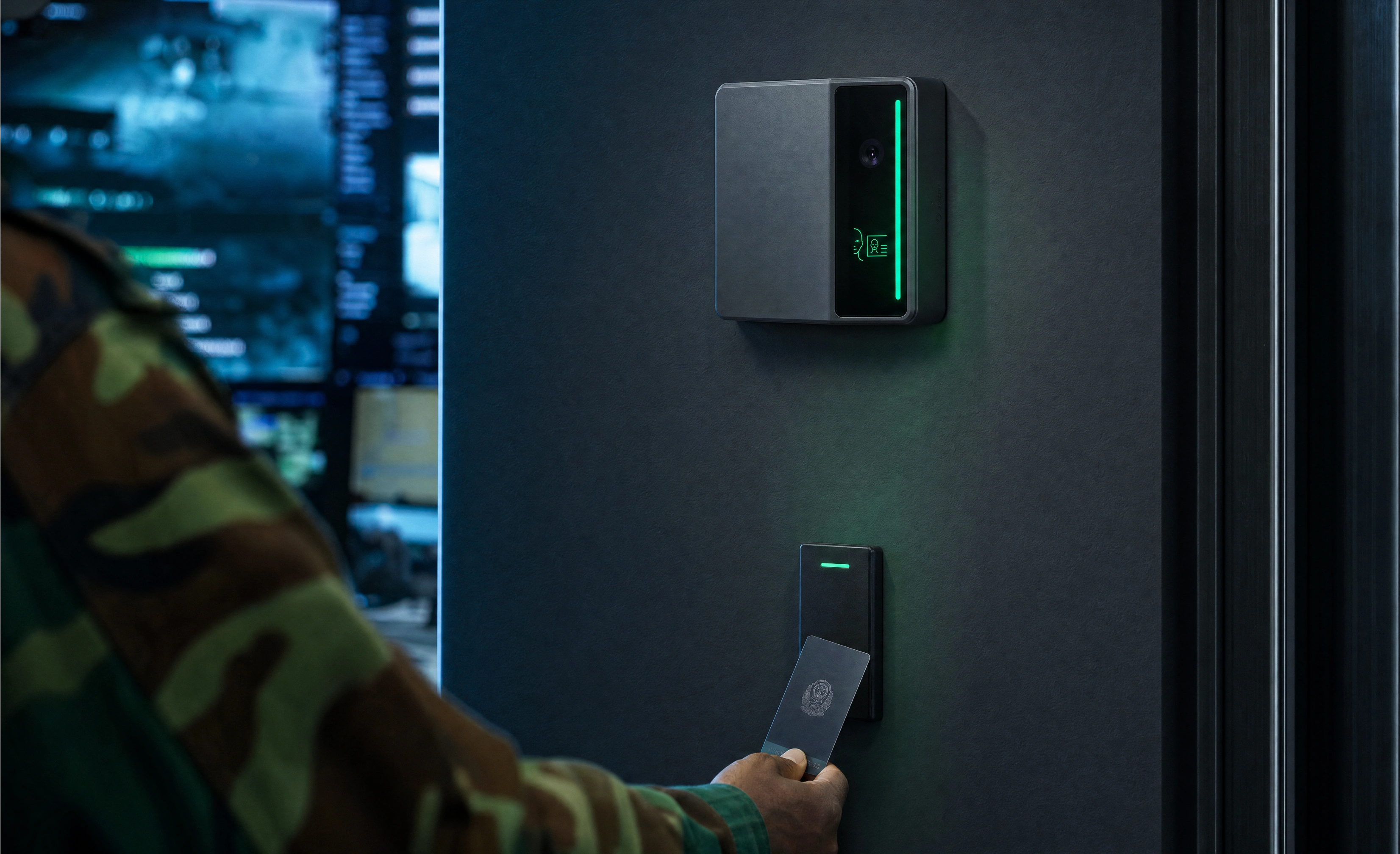 A uniformed officer presenting a badge to the card reader below a wall-mounted Rock X in a dark operations center