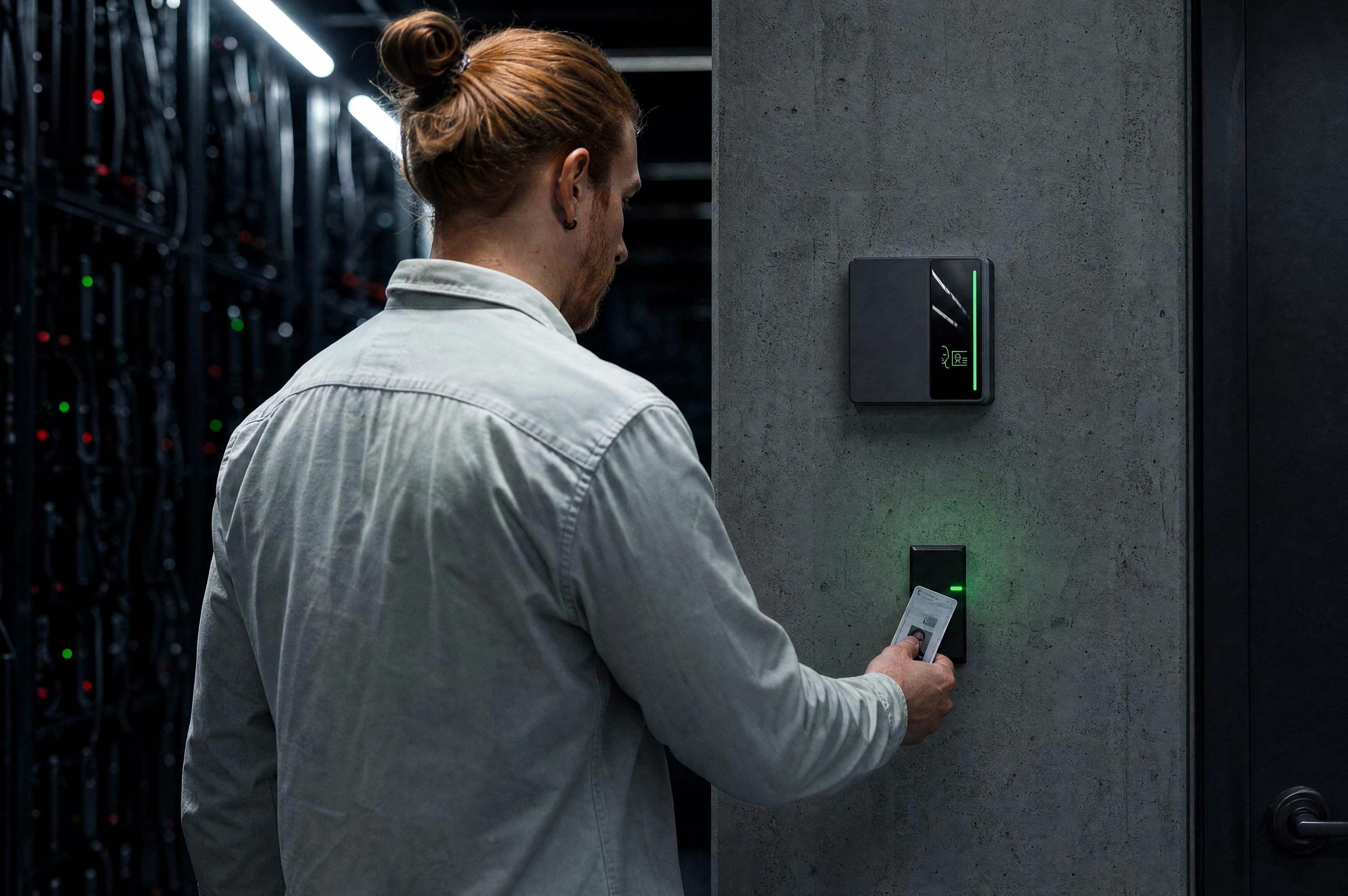 A technician presenting a badge at a card reader below a Rock X glowing green at a data hall door