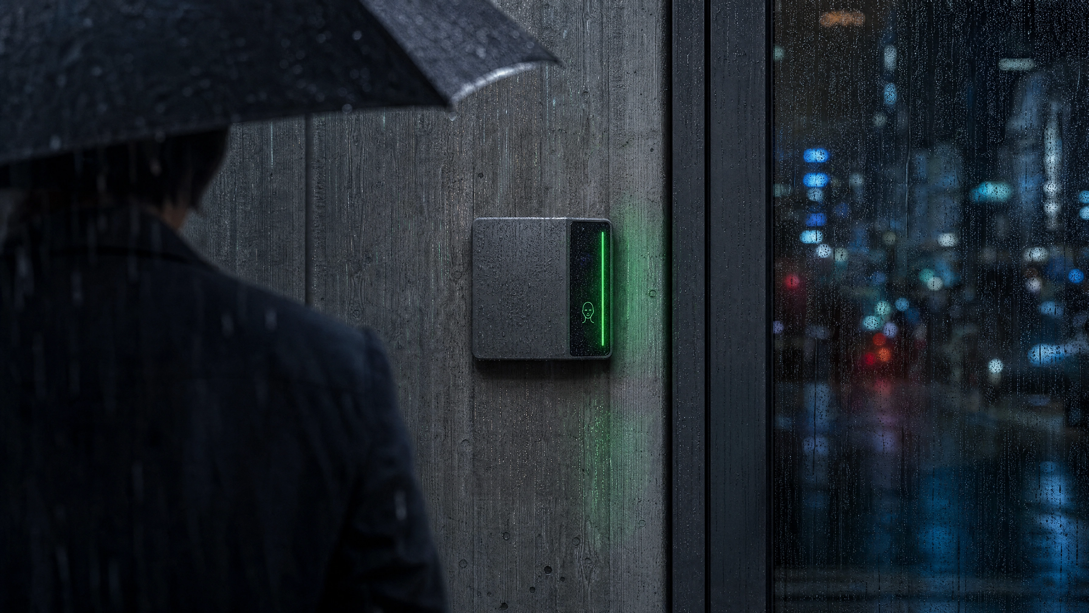 A person under an umbrella at an exterior door in the rain as the Rock X light bar turns green