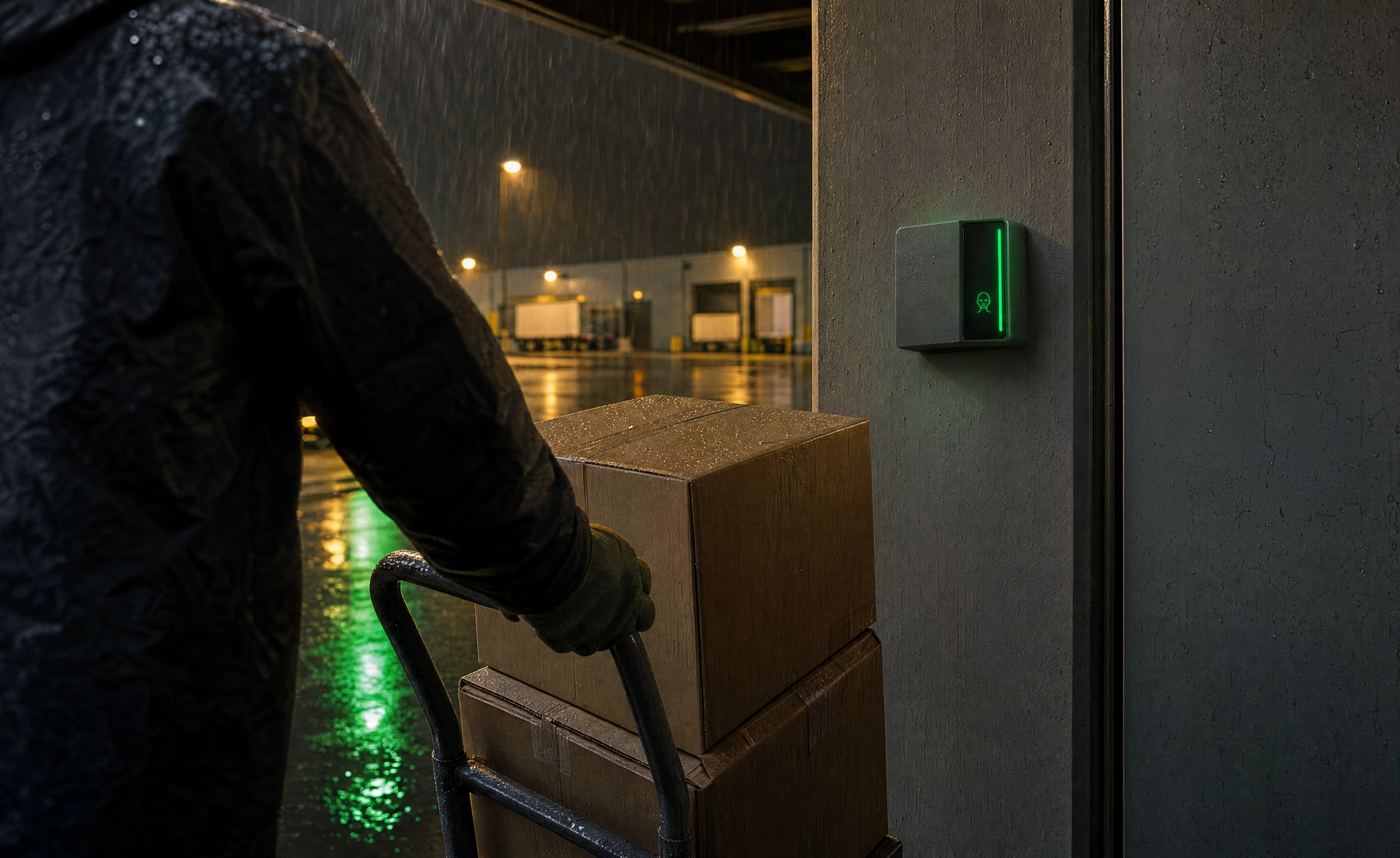 A delivery worker in a wet rain jacket wheeling boxes up to an exterior dock door as the Rock X light bar turns green