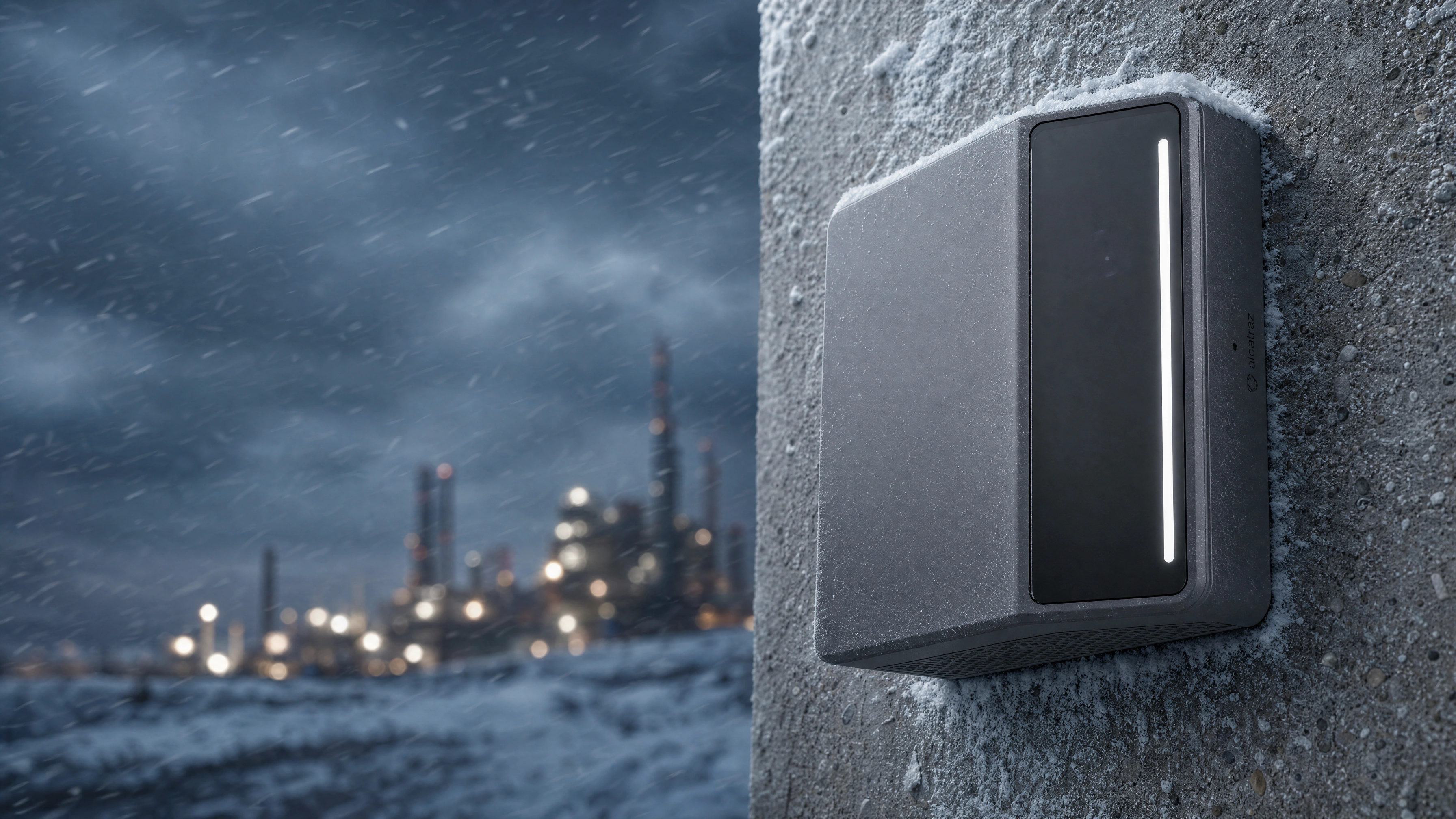Rock X on a snow-covered concrete wall at an unmanned industrial site, a lit refinery in the blizzard behind it